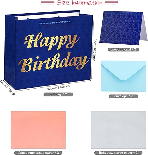 Miniatura 2 de Wuadua Bolsas de regalo de cumpleaños grandes de 13 pulgadas con papel de seda y tarjetas, paquete de 2 bolsas de regalo azules con asas para fiesta