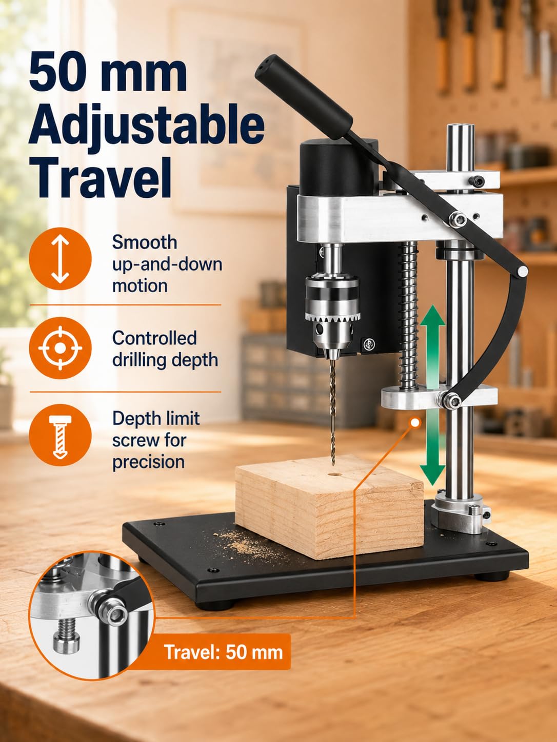 VOBOR Standbohrmaschine, 200W Miniatur Tischbohrmaschine 7 Gang Einstellbare Geschwindigkeit, Bohrhub 50mm, Mini Ständerbohrmaschine für Metall Holz Acryl