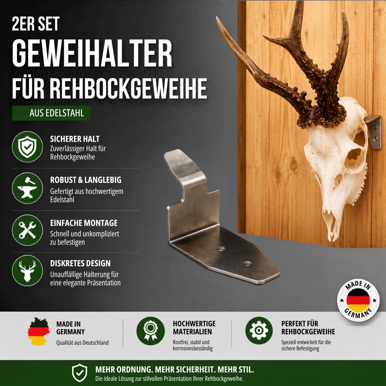 Trophäenhalter Edelstahl 2er Set – Geweihhalter & Schädelhalter für Rehbock Trophäen – Robuste Jagdtrophäen Wandhalterung, rostfrei, minimalistisch