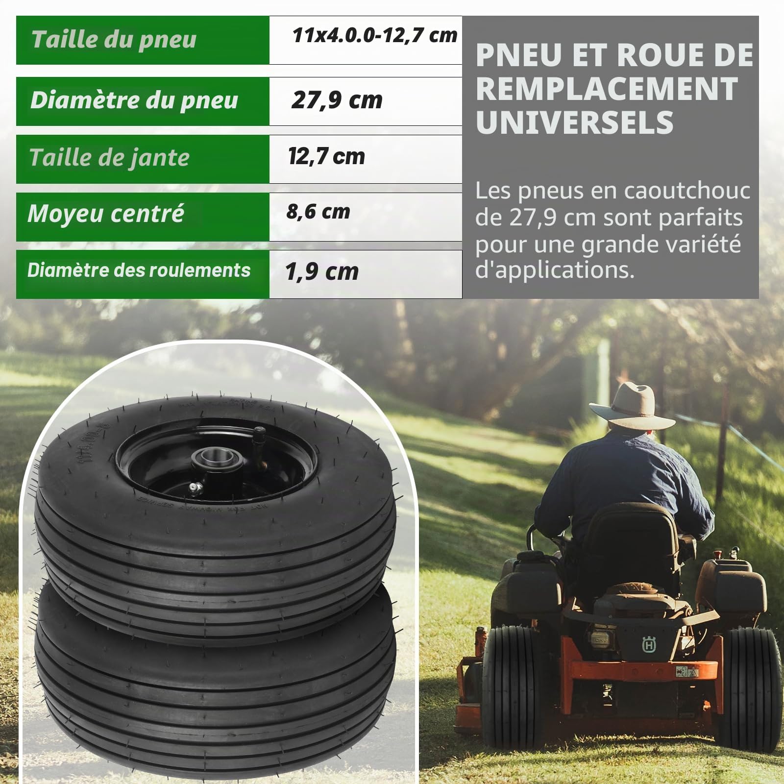 AR-PRO Lot de 2 pneus et roues 11 x 4,00-5, pneu de tondeuse à gazon 11 x 4-5 (4 plis) et jante avec chambre à air, moyeu centré de 8,6 cm avec roulements de 1,9 cm, pneus universels pour tondeuse à