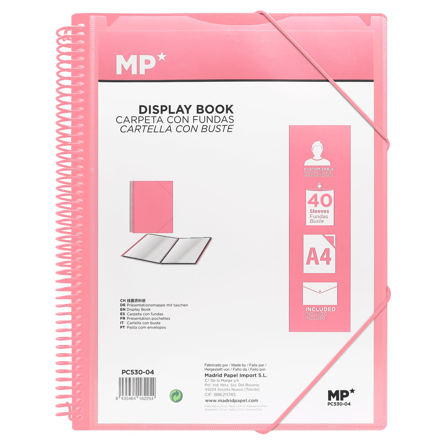 MP, 40- Pocket Folder, Spiral Binder, Sealing Rubbers, Clear Pockets, Display Folder, Includes One Envelope Binder with Button, Academic, Office, Pink Binder.