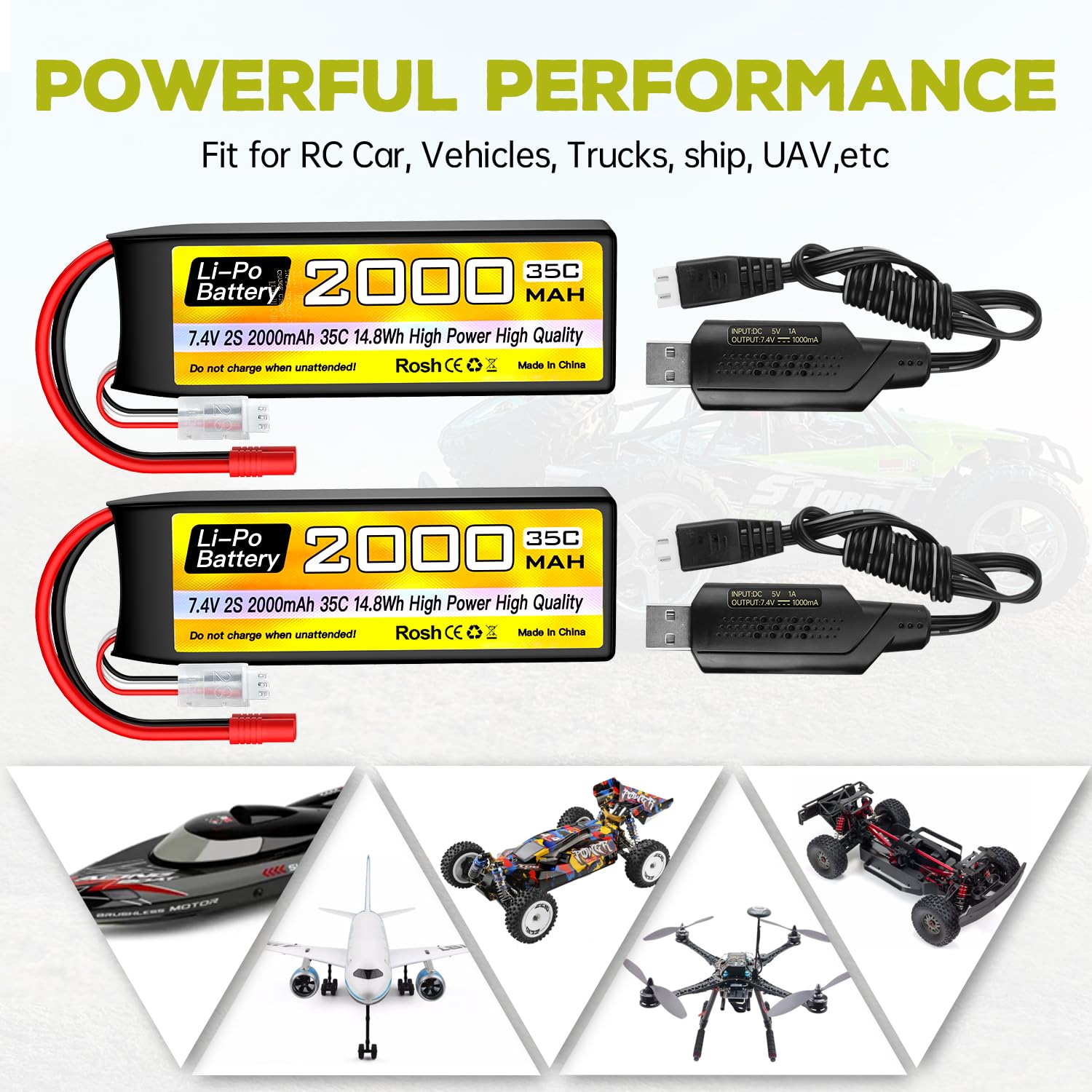 2PCS 2S Lipo Batteria 7.4V 2000mAh 35C con spina a banana da 3.5mm con cavo di ricarica USB per RC Auto Camion RC Barca RC Quadcopter FPV Drone Batteria