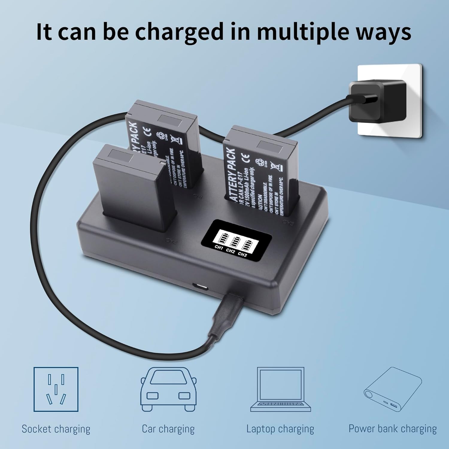 3-Pack LP-E17 Battery and Upgraded 3-Slot LCD Charger Compatible with Canon EOS R100 R50 RP R10 R8, Rebel T8i T7i T6i T6s SL2 SL3,EOS M3 M5 M6,EOS 200D 250D 77D 750D 760D 800D 8000D(1300mAh)