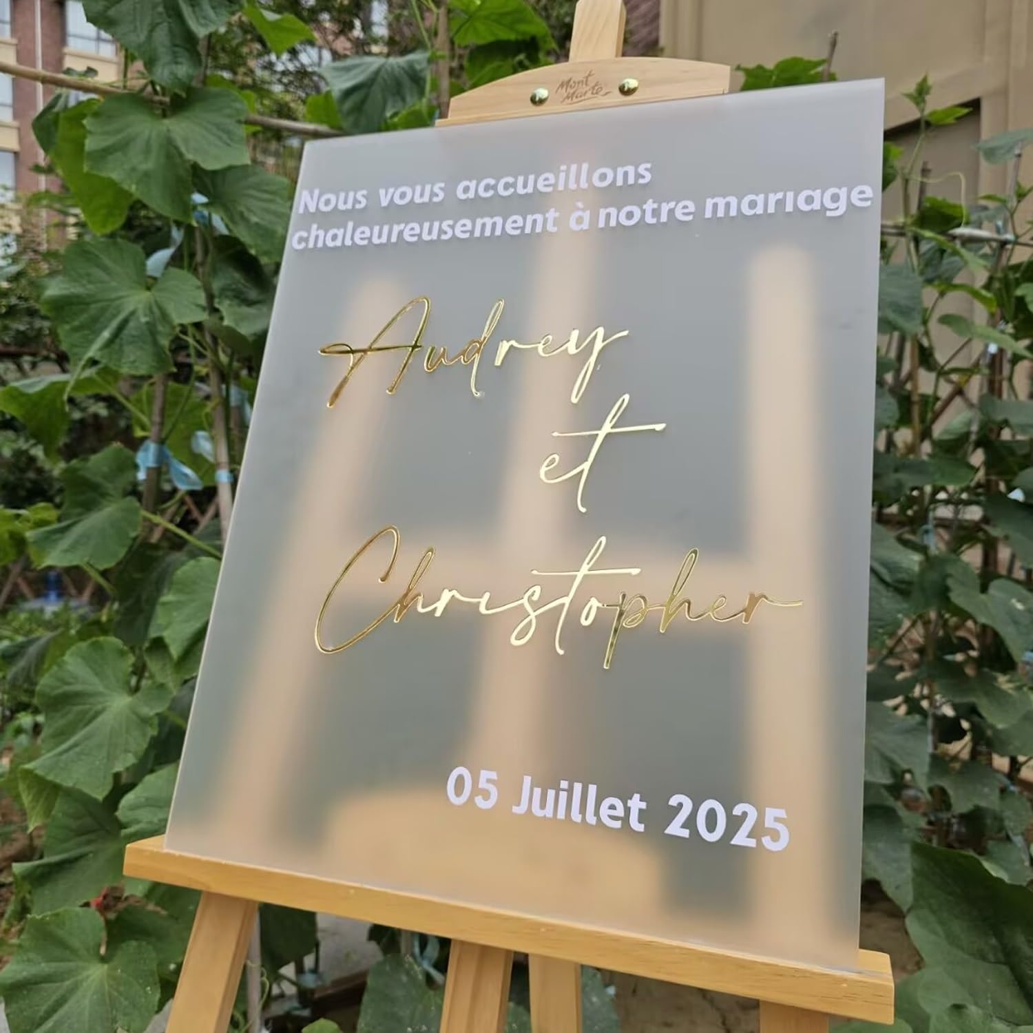 Panneau De Bienvenue De Mariage Personnalisé en Acrylique Givré, Noms en Miroir Doré 3D, Décoration De Signalisation De Mariage Moderne De Fiançailles, Décoration De Réception(White,40X55CM)
