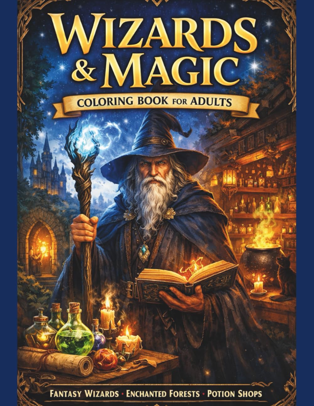 WIZARDS & MAGIC Coloring Book for Adults: A Fantasy Wizard Coloring Book Featuring Spellcasters, Enchanted Forests, Potion Shops & Mystical Magic ... Illustrations (ARCANE REALMS Coloring Series)