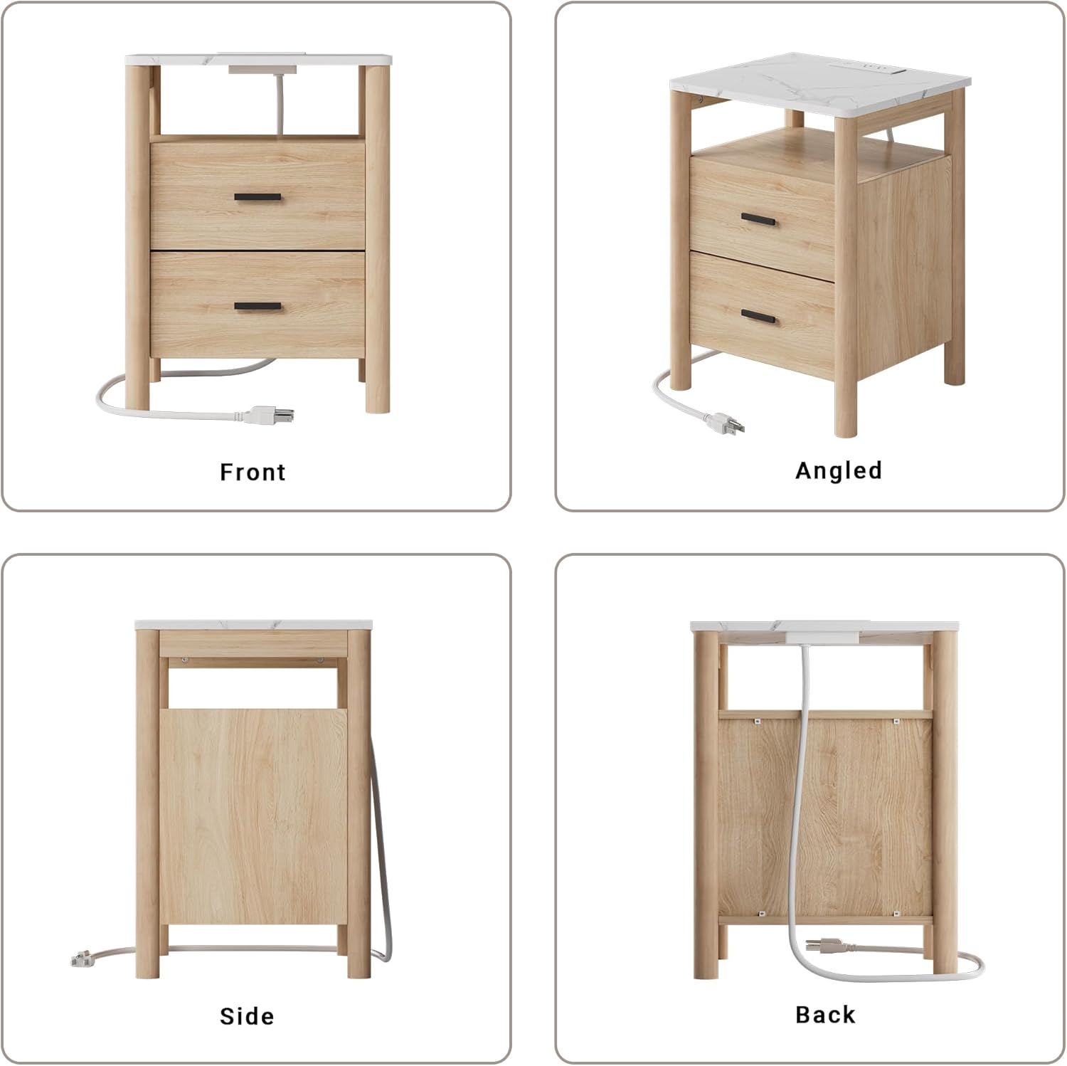 Night Stand, 20" Wide Nightstand, Modern Large Nightstand with Charging Station & Faux Marble Top, 2 Drawer End Table with Solid Round Post Legs, Bedside Table for Bedroom, Natural Oak