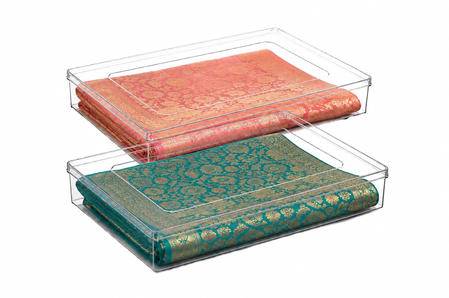 DECGB Crystal Clear Saree Storage Box with Lid | Transparent Plastic Organizer for Sarees, Clothes, Bedsheets & Blankets | Stackable Wardrobe Storage Container | 15.5 x 12 x 2.5 Inch (2)-image-26