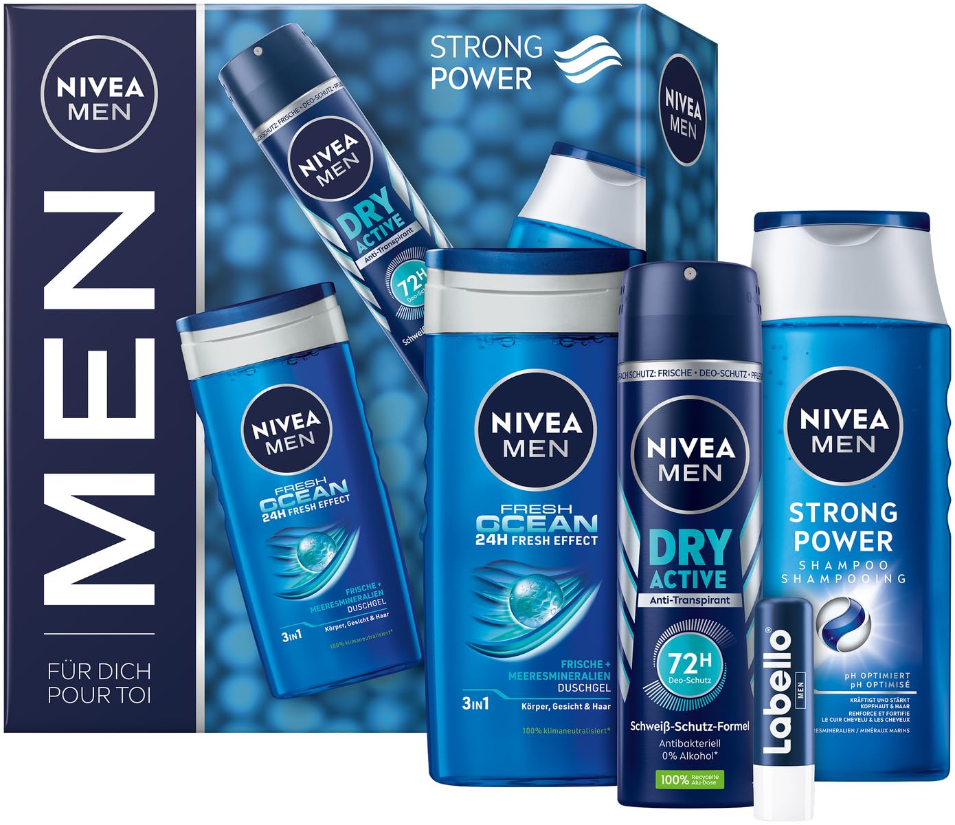 NIVEA MEN Strong Power Geschenkset, Pflegeset mit erfrischenden Pflegeprodukten, Geschenkbox mit Fresh Ocean Duschgel, Dry Active Deo Spray, Strong Power Shampoo und Labello Men Active Lippenpflege