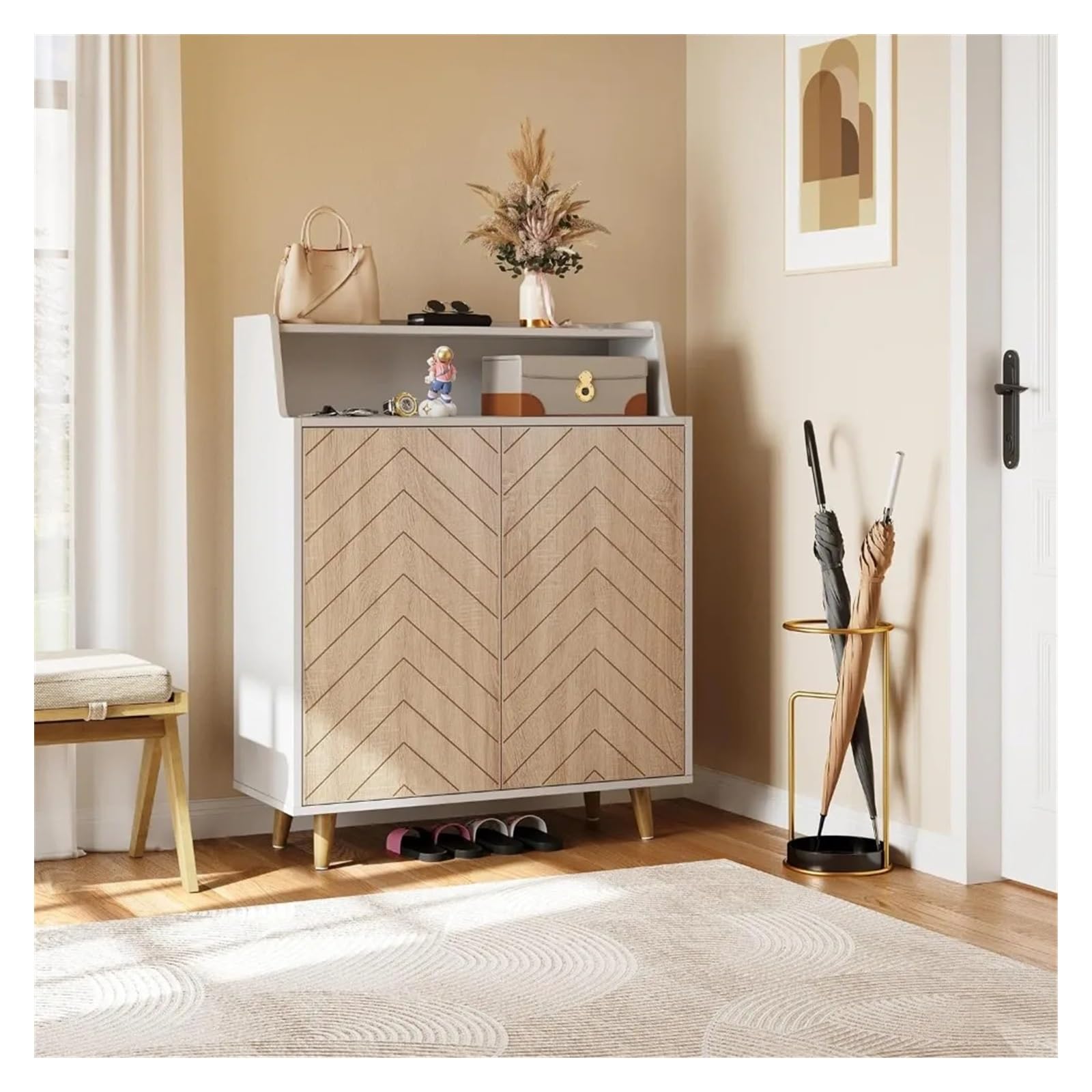 QINCHU Shoe Cabinet with Doors, 5-Tier Shoe Locker with Open Shelves, Large Capacity Wooden Shoe Rack Storage Box with Pine Legs,Entertainment Center