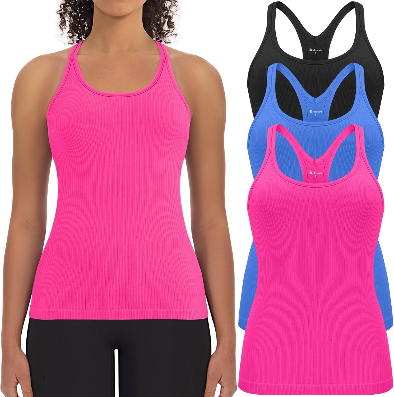 3 Pack Workout Tank Tops for Women with Built in Bra Ribbed Seamless Racerback Athletic Running Gym Yoga Tops