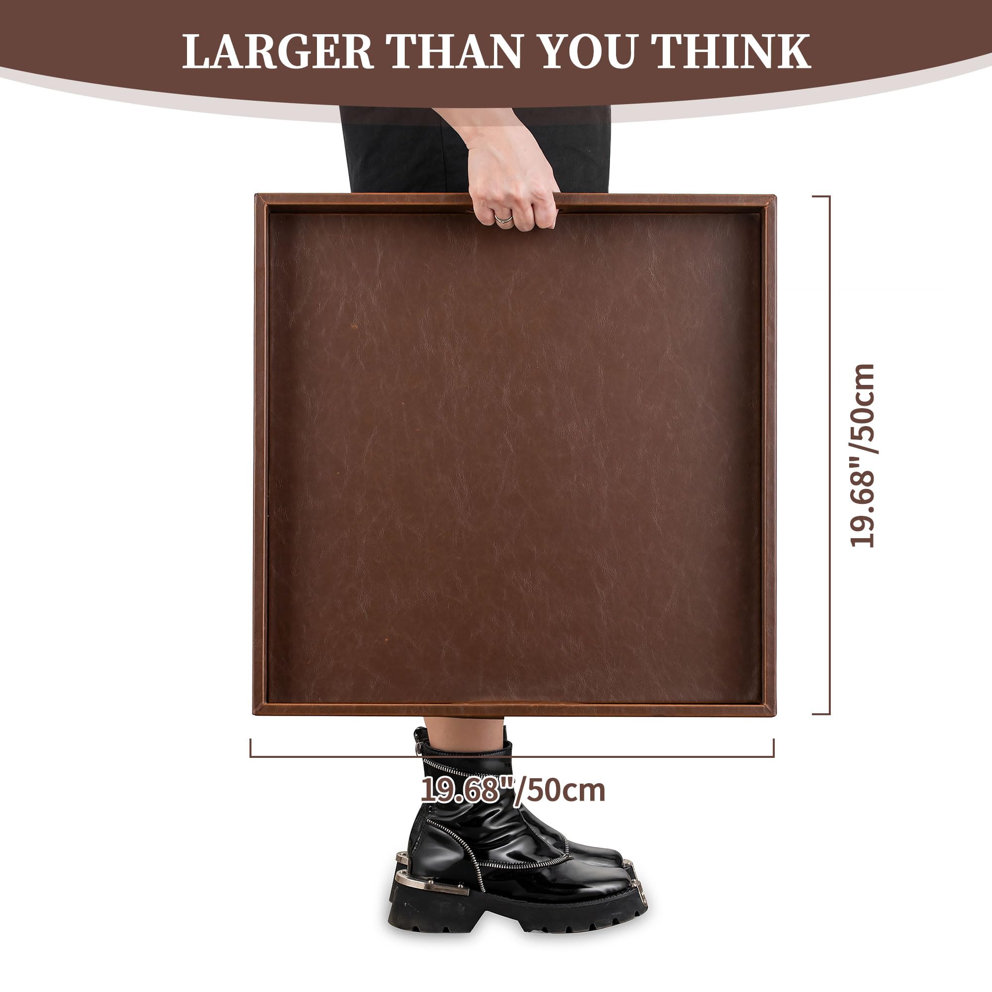 Hanobe Vassoio da portata in legno grande: quadrato ottomano decorativo in pelle con manici per soggiorno – moderno piatto in legno sopra tavolino poggiapiedi extra XXL marrone 50 cm