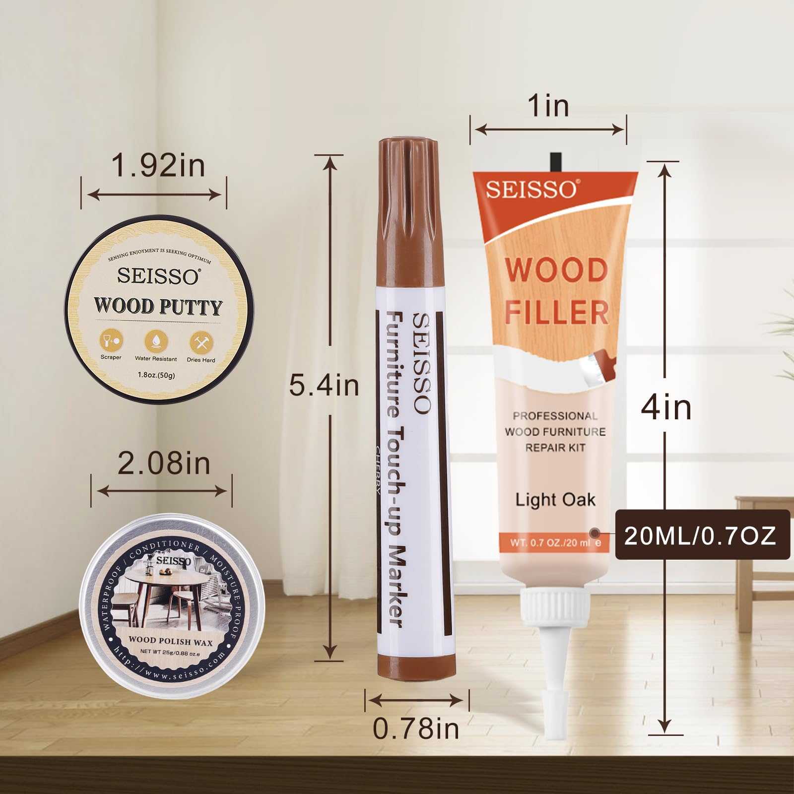 SEISSO Kit de réparation pour stratifié, Mastic pour bois, Kit de réparation pour parquet en bois, Kit de réparation pour meubles pour éraflures, fissures, taches, trous, couleurs passées, etc