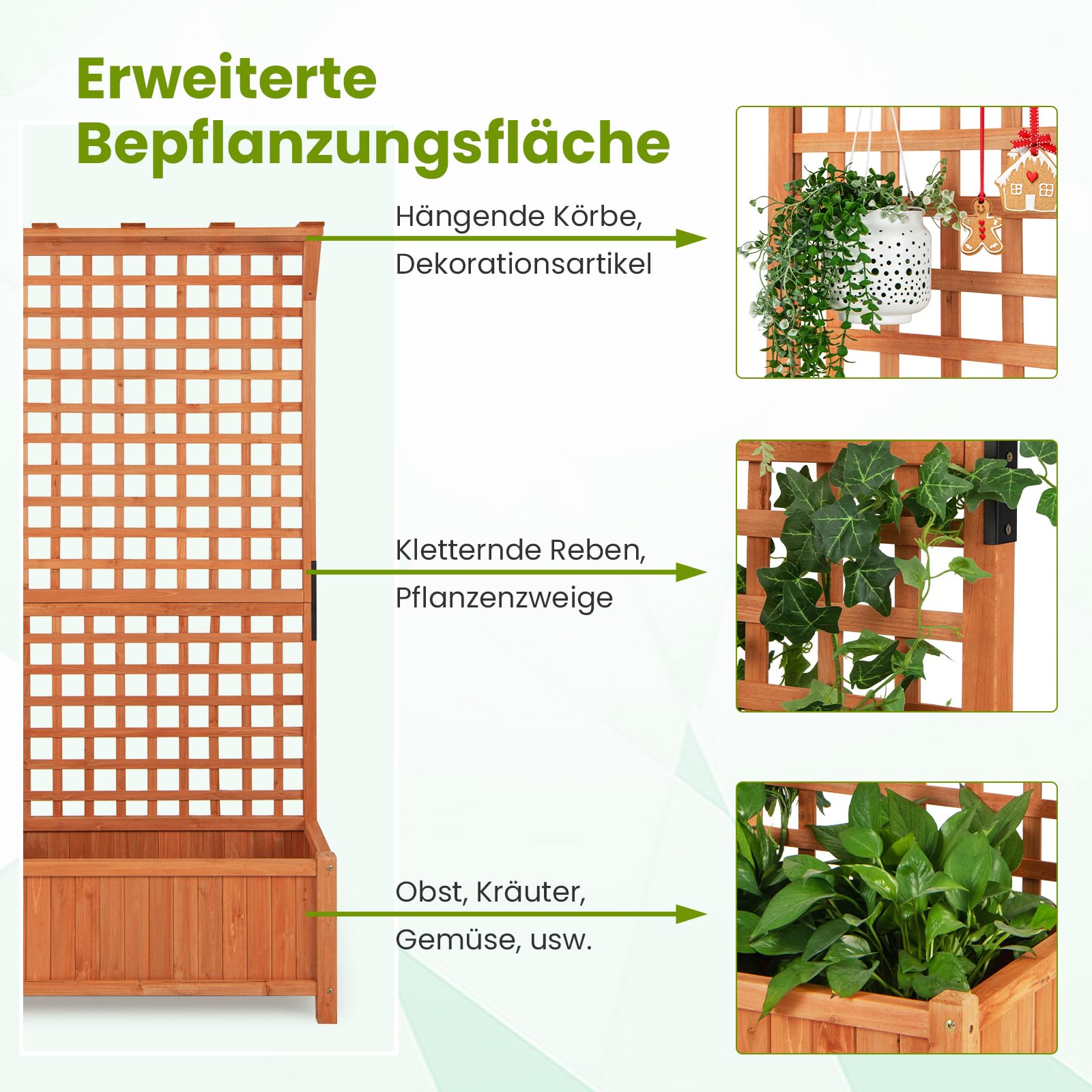 GOPLUS Pflanzkasten mit Rankgitter, Blumenkasten mit Ablauflöchern & Spalier, Gartenbeet aus Tannenholz, Rankhilfe für Kletterpflanzen, Gartenspalier für Garten & Balkon, 90 x 44,5 x 183,5 cm