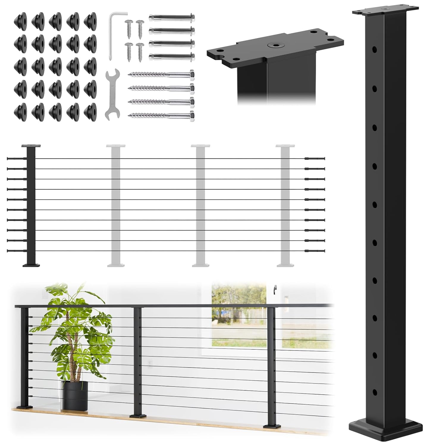 35"x2"x2" Stainless Steel Cable Railing Post, Black Top Mount Level Line Post with Grommets for Deck Railing Systems, Indoor & Outdoor Use, MY08-L