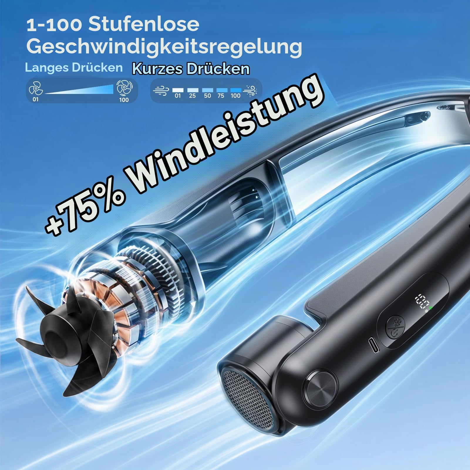 Nackenventilator mit Kühlplatten, 6000 mAh Tragbarer Blattloser Halsventilator, USB Wiederaufladbar, Geschwindigkeitsregelung von 1 bis 100, Verstellbare Luftauslässe für Büro/Gym/Reise