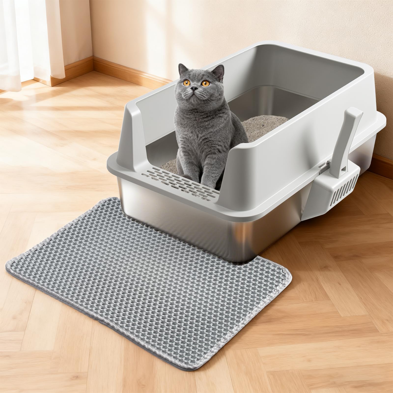 Stainless Steel Litter Box 2 Pack, Metal Cat Litter Box with Lid High Sides,XL Extra Large Litterbox for Big Cats,Non-Stick, Anti-Leakage,Easy to Clean,Include Litter Mat & Scoop,23x14.6x10in - image 8