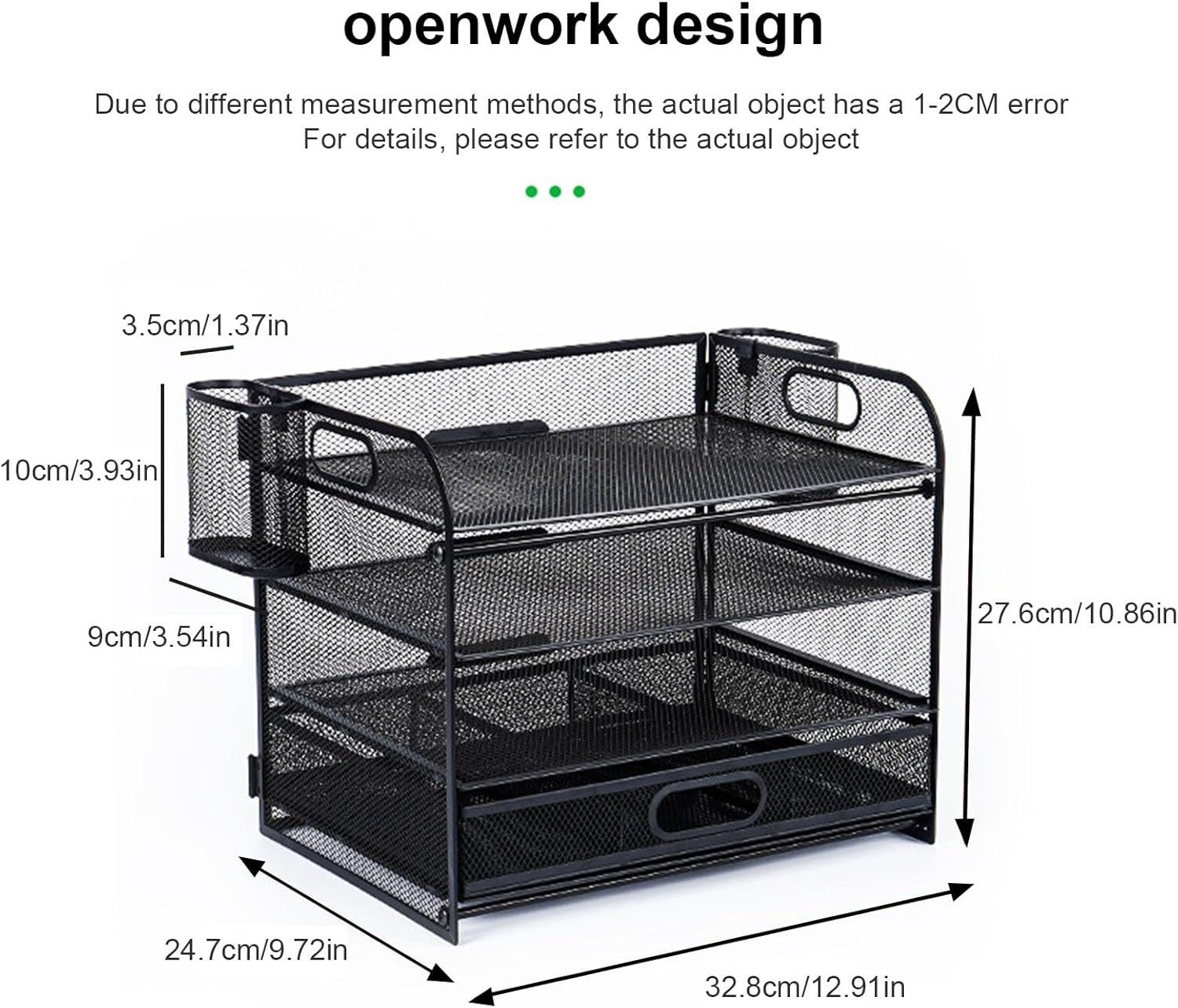 4段紙レタートレイオーガナイザーオフィスデスクトップオーガナイザー、スライド引き出しと2ペンホルダードキュメントラック付き