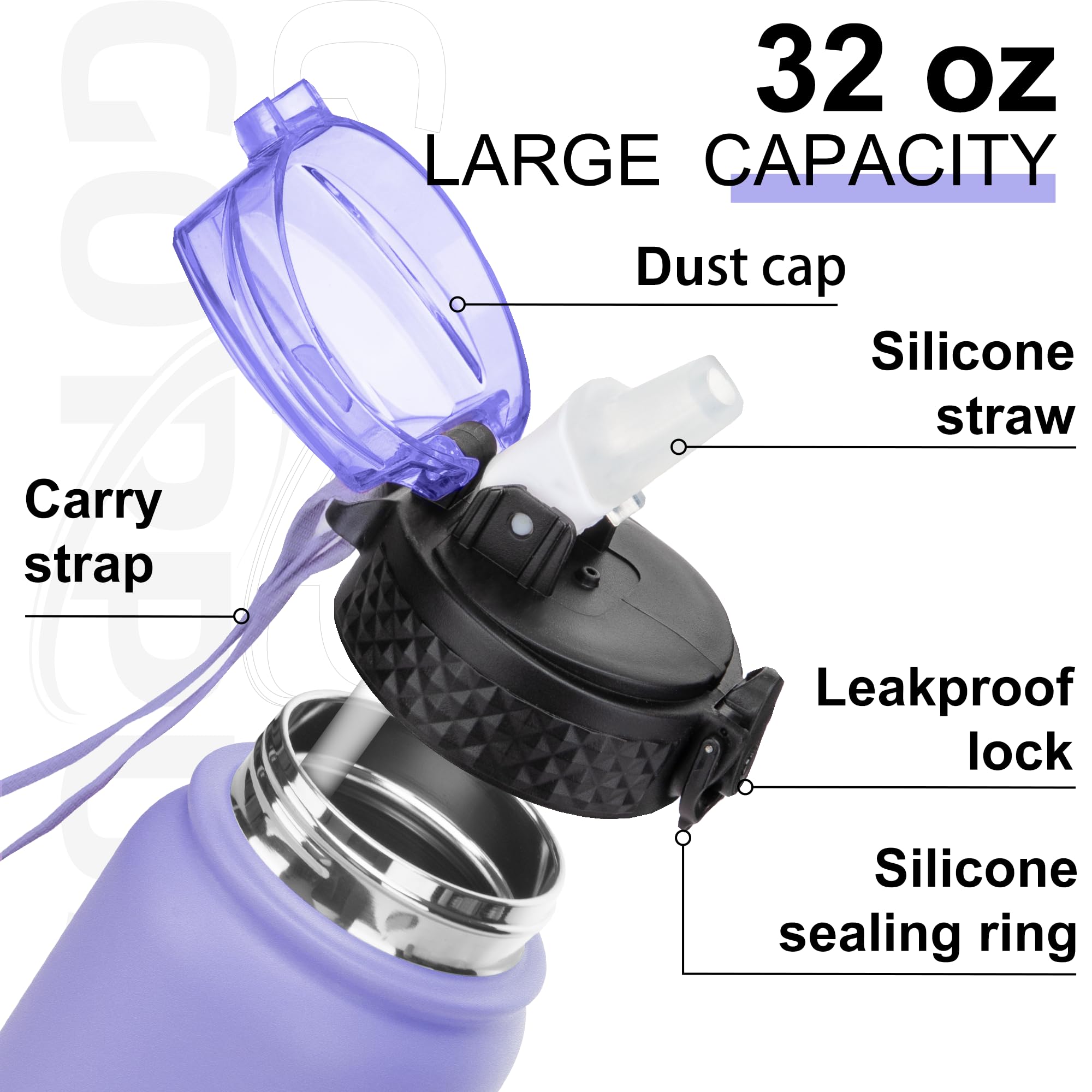 GOPPUS 1L/32oz Stainless Water Bottle with Straw Double Wall Insulated Bottles with Strap Reusable Vacuum Thermal Flask Leakproof Keep Cold Drinks Bottles with Flip Top Lid for Gym Men Women BPA Free - Image 3