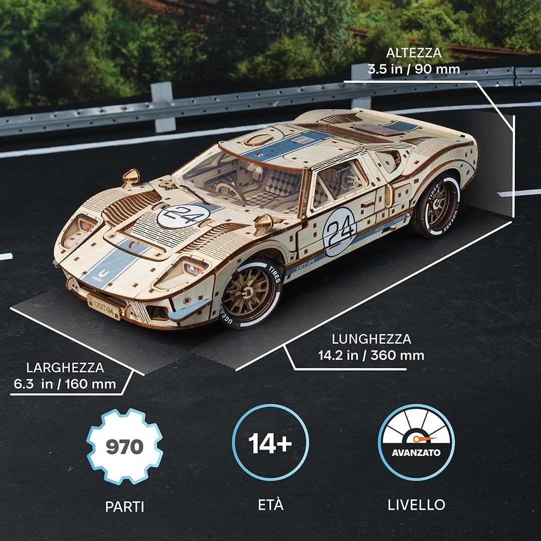 UGEARS UGT-24 Auto da Corsa di Endurance Puzzle 3D - Kit di Modelli Meccanici in Legno in Scala 1:12 da Costruire per Adulti - Kit di Costruzione Modello di Auto Sportiva - 970 Pezzi