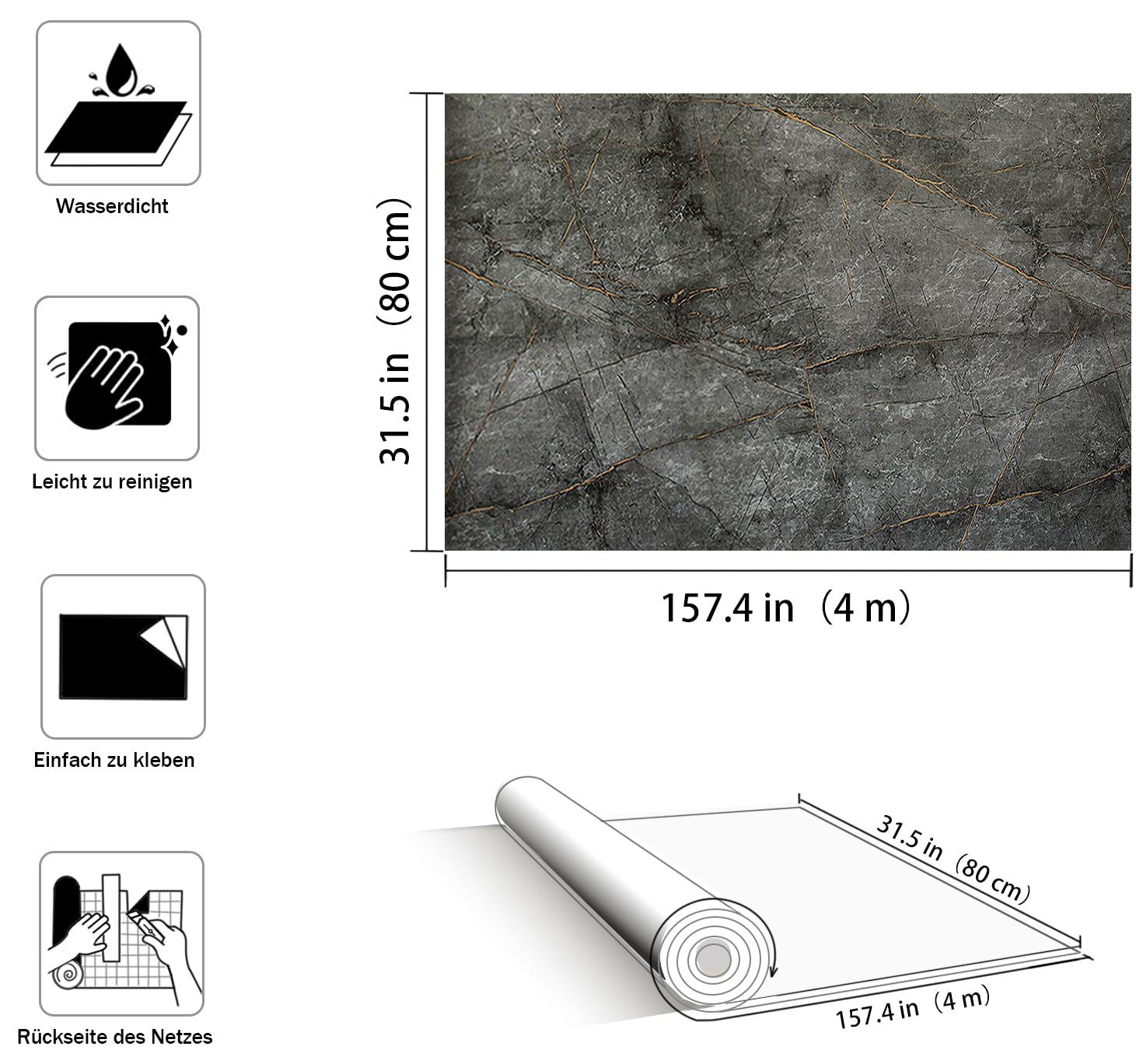 JSEVEM Papel pintado autoadhesivo de mármol de 80 cm × 4 m de ancho, color gris oscuro, textura dorada, aspecto de mármol, autoadhesivo, papel pintado de mármol, resistente al agua, para salón, baño,