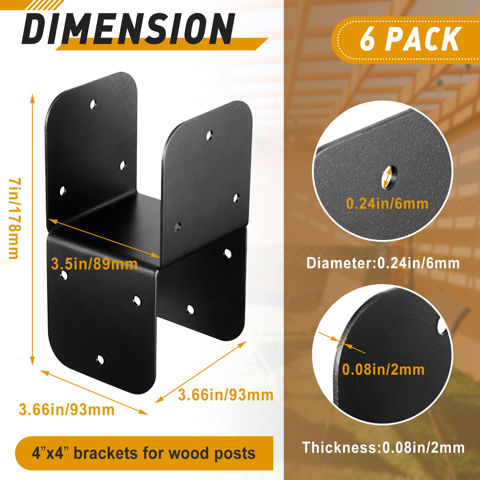 Yaocom 6 Pcs 4x4 Post Brackets, Black Carbon Steel, 3.5x3.5 Inner, 14 Gauge, Wall Mount