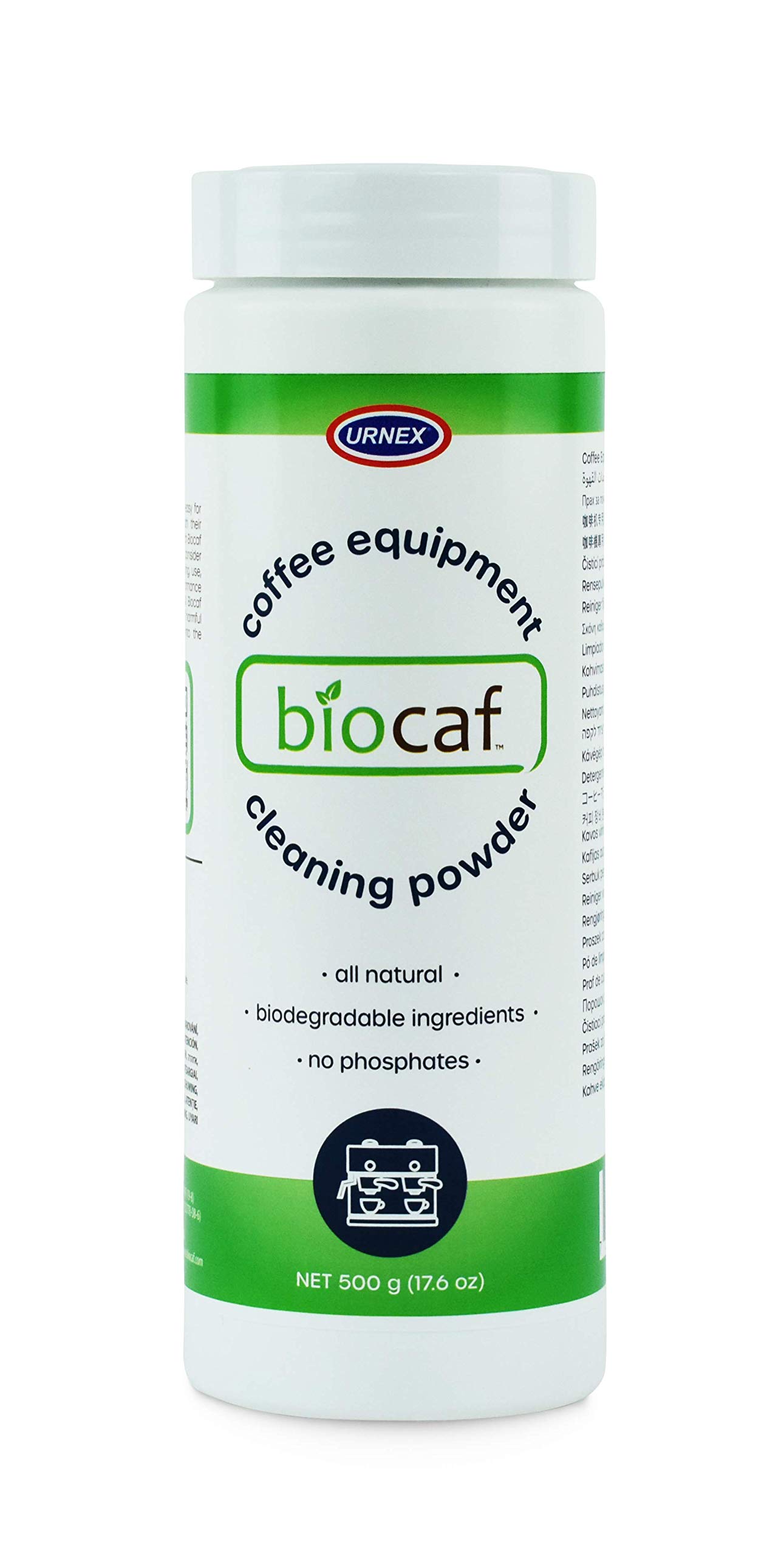 Urnex Biocaf Coffee Equipment Wash - 17.6 Ounce (100 Uses) - Safe Biodegradable Phosphate-Free for Use On Espresso Machines and Coffee Brewers Sustainable Renewable Eliminates Residue White
