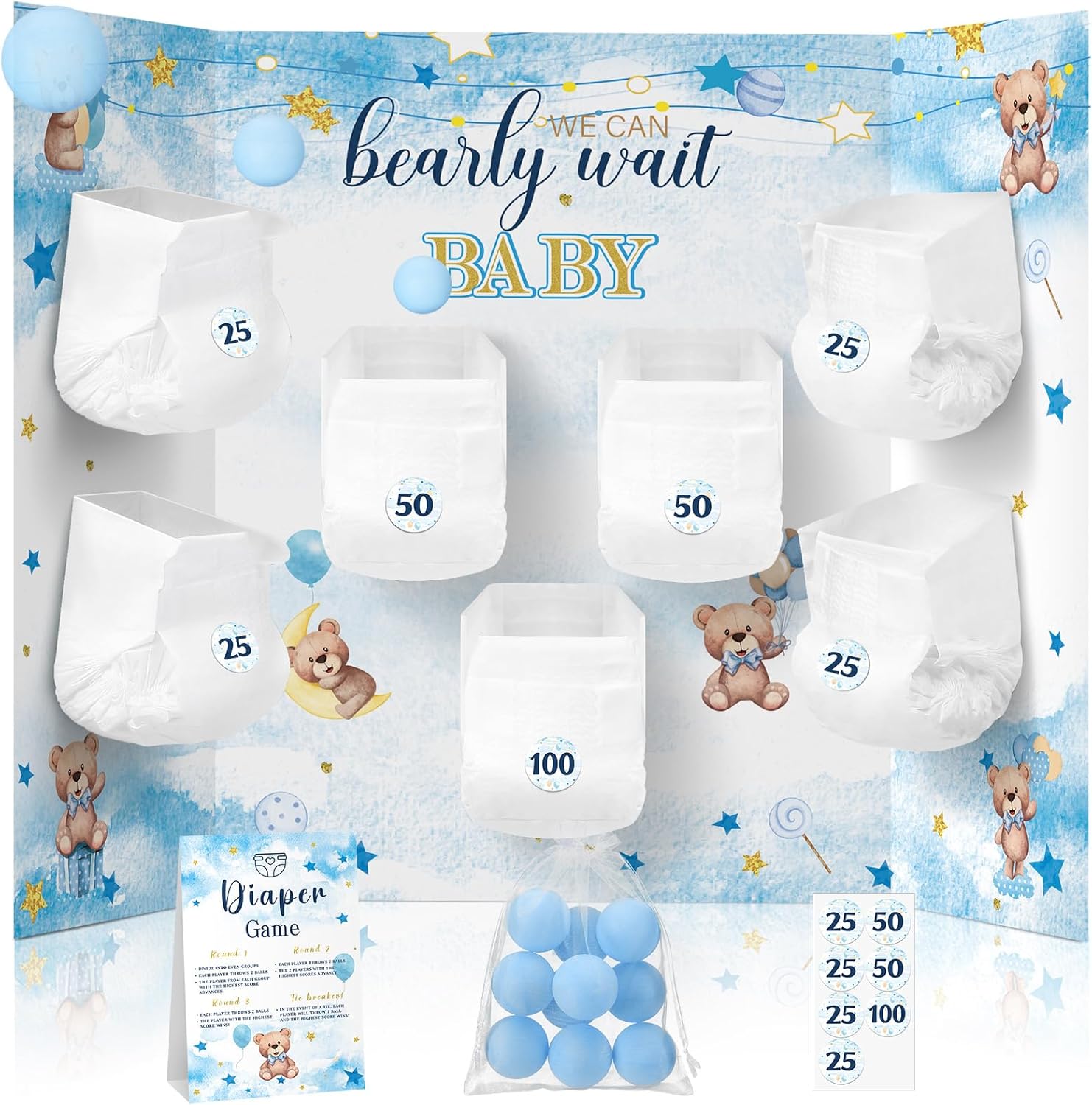 (Incomplete only diapers). Ctosree 31 Pieces Bear Baby Shower Diaper Game 1 Diaper Baby Shower Game Board 7 Diapers 10 Plastic Balls 1 Organza Bag for Bridal Games Boy Girl