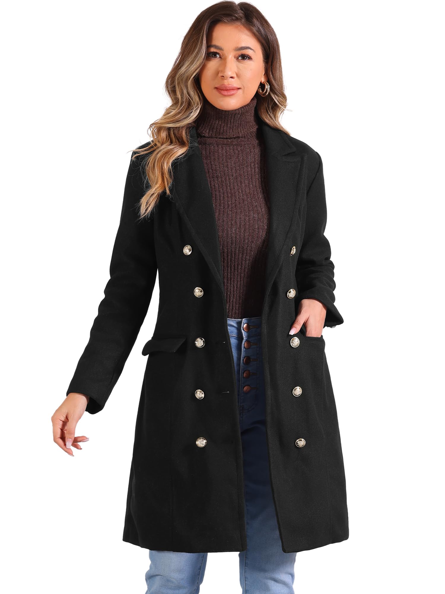 Allegra K Femme Manteau Caban Croisé Revers Cranté Long Hiver | Extérieur Mélangé Coton Doublure Intérieure Occasions Bureau Soirée Formelle Revers Cranté