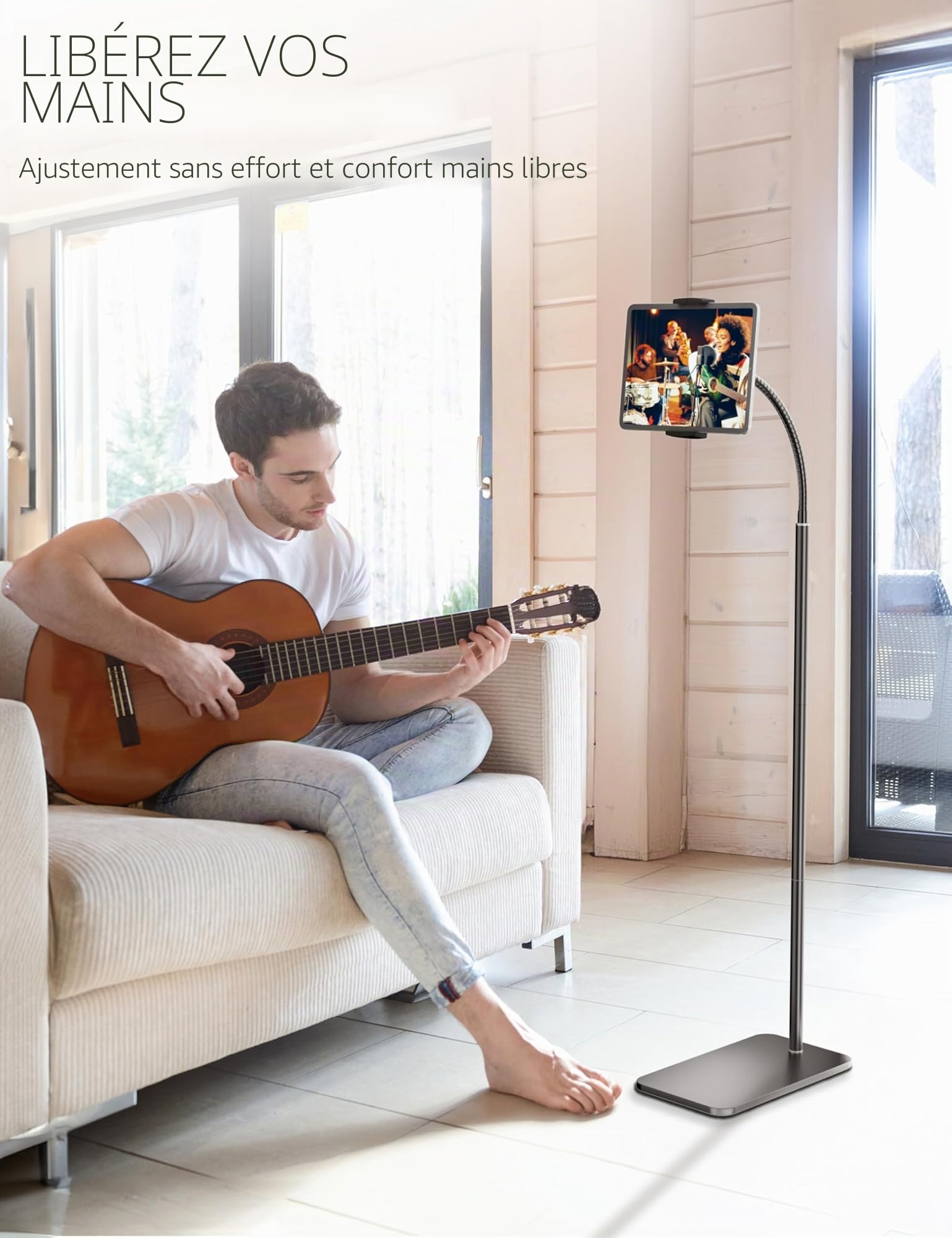 LanPavilion Support iPad, Support de Sol réglable en métal, avec col de Cygne Flexible,Compatible iPad/Kindle/téléphones (4.7''-13''), idéal pour Films en Mains Libres.