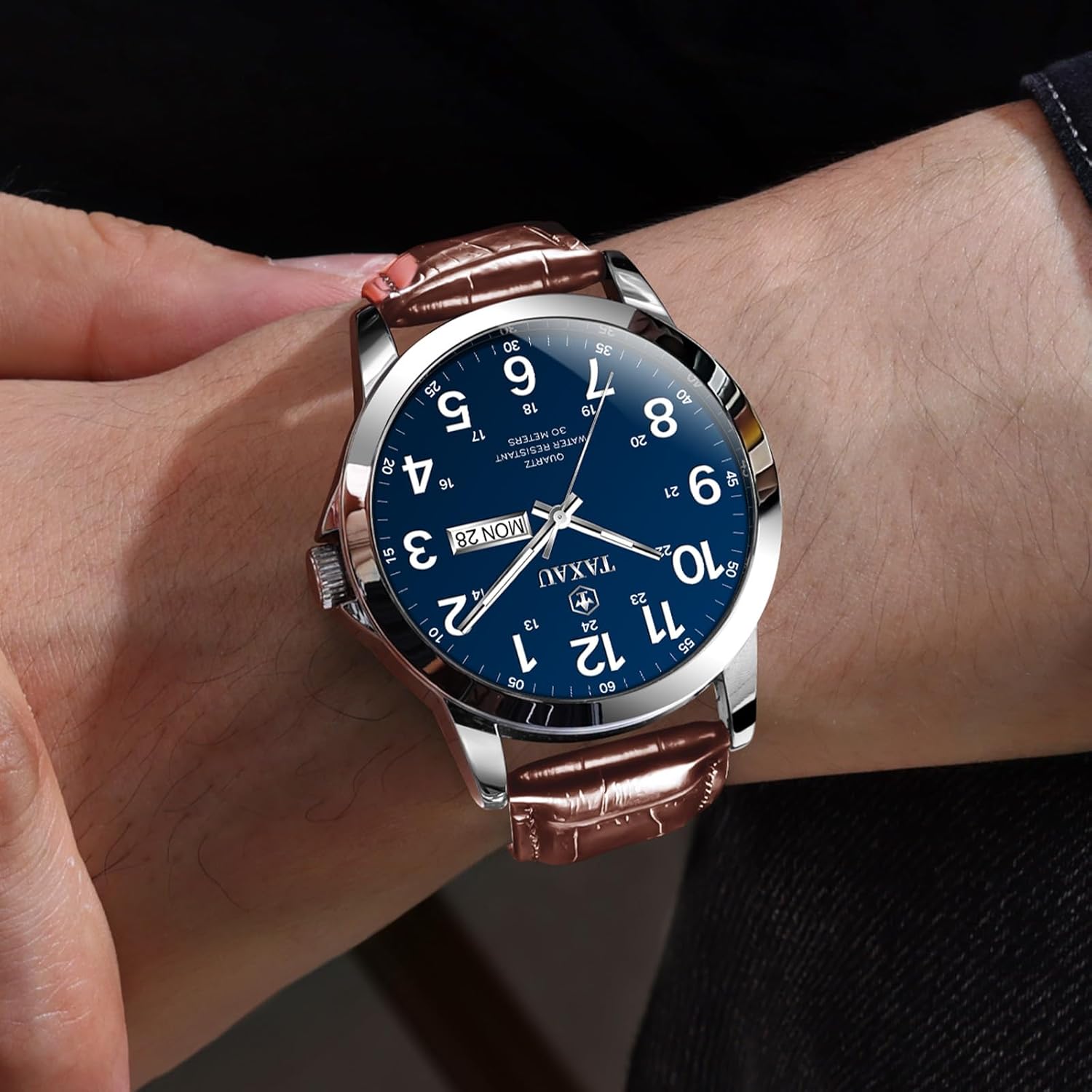 Men's Watches Leather Band Stainless Steel Quartz Analog Watch Luxury Waterproof Watches for Men Dress Men's Wrist Watch with Day Date Arabic Numeral Relojes para Hombre - Image 6