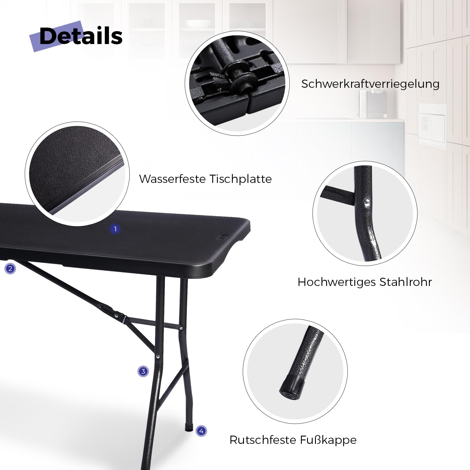 Byliable Klapptisch, 180cm, tragbar, robust, Kunststoff, zusammenklappbar, für drinnen und draußen, für Camping, Picknick und Party (Schwarz)