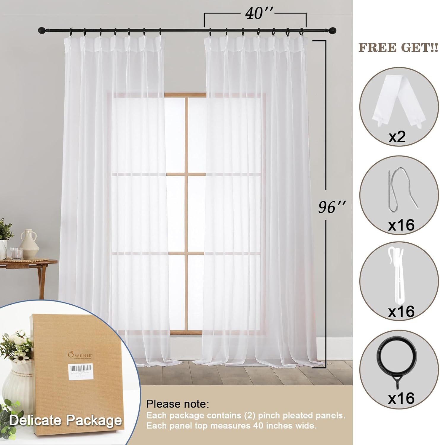 OWENIE White Pinch Pleated Sheer Curtains 96 Inches Long for Bedroom Living Room, Modern Soft Airy Solid Light Filtering Window Curtains, Pinch Pleated Sheer Window Treatments, White, Each 40x96 Inch
