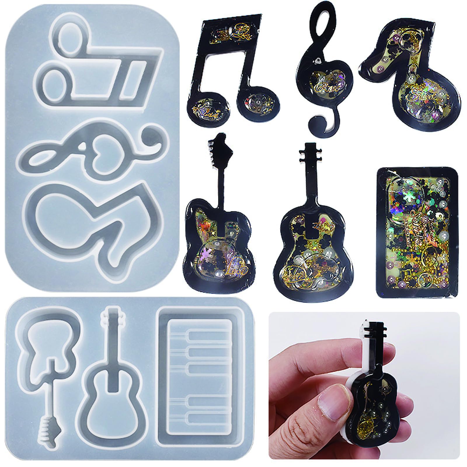 Mulukaya 2Pcs Music Quicksand UV Epoxy Quicksand Resin Casting Molds Guitar Notes Hollow Shaker Silicone Molds for DIY Craft Keychain Handmade Pendant Project
