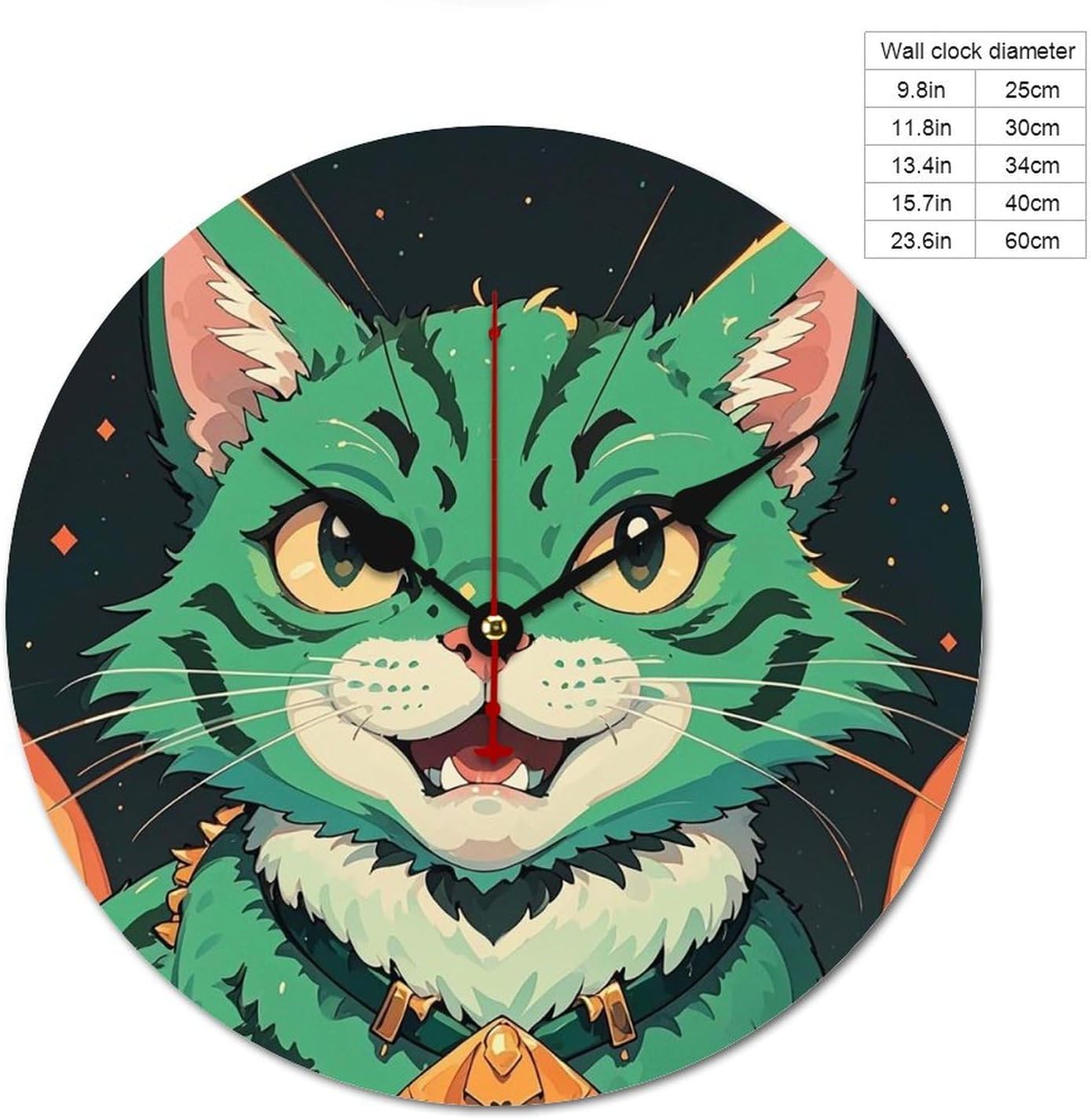 9.8 Inches Wooden Modern Wall Clock Anime Green Cat Printed Frameless Time Clocks Stylish Clock Without Scale for Home Bedroom Bathroom Office Living Room Decoration image 2