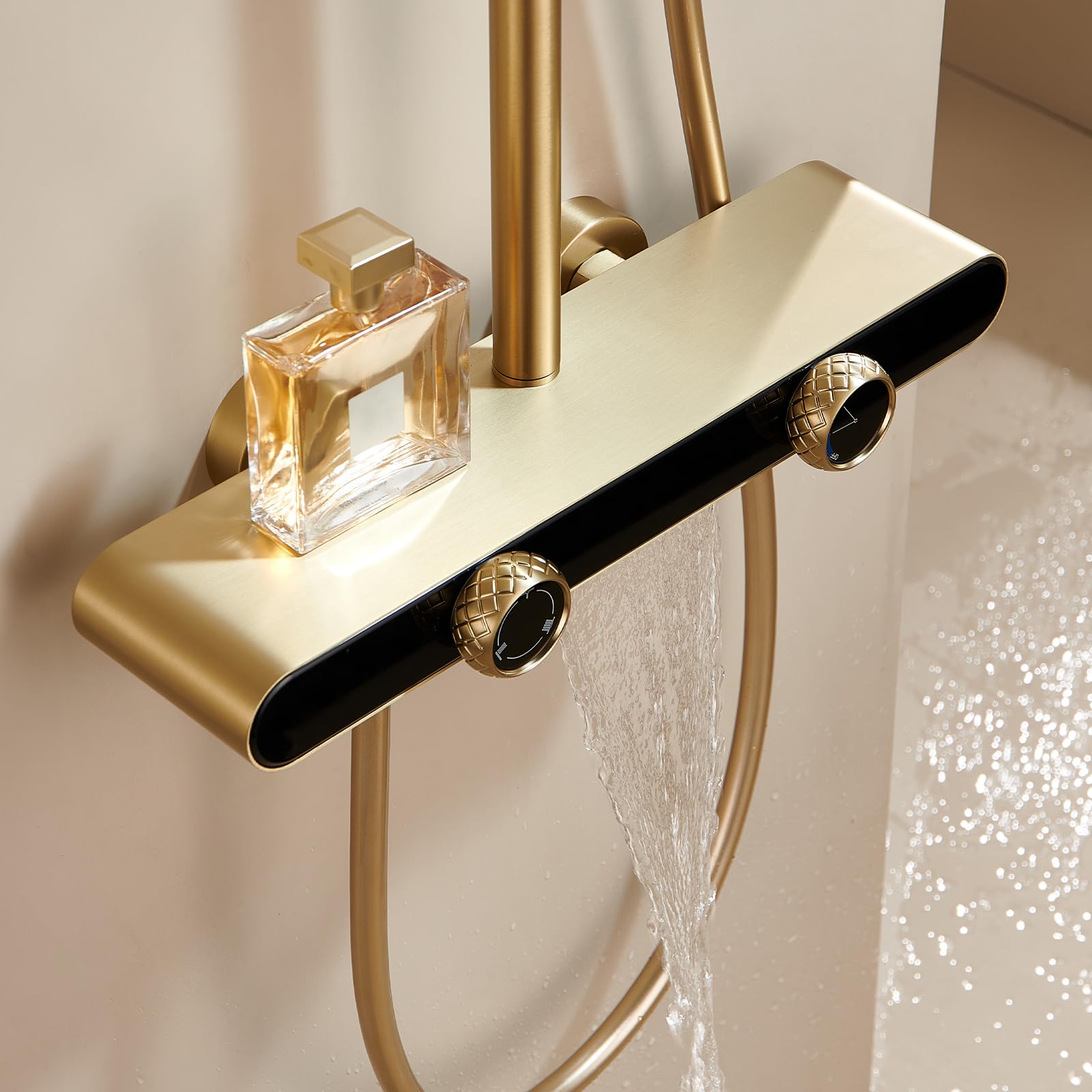 Douchesysteem met armatuur, geborsteld goud, doucheset, regendouche, wandmontage, douchearmatuur, in hoogte verstelbaar, regendoucheset met 23 cm hoofddouche, 3 straalsoorten, handdouche