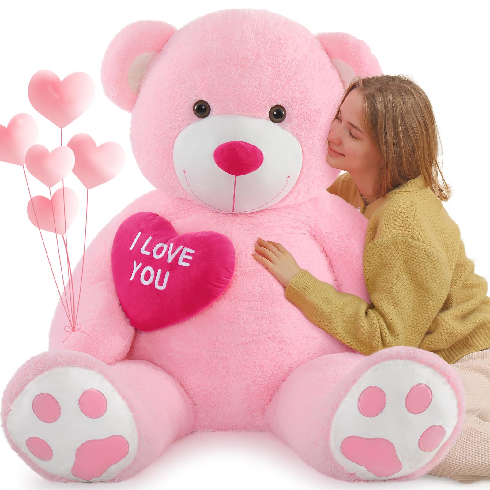 MorisMos130 cm Teddy Bear Large XXL with Heart I Love You - Pink Giant Teddy Bear Cuddly Bear XXL Filled Girl Girlfriend Gift