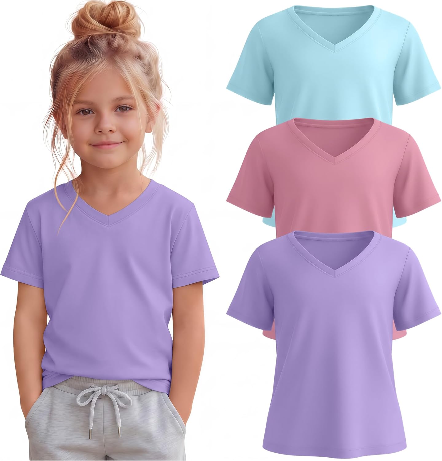 3 Pack Toddler Girls' V Neck T-Shirts 18M-5T Short Sleeve Baby Loose Tops Kids Basic Soft Clothes Tees
