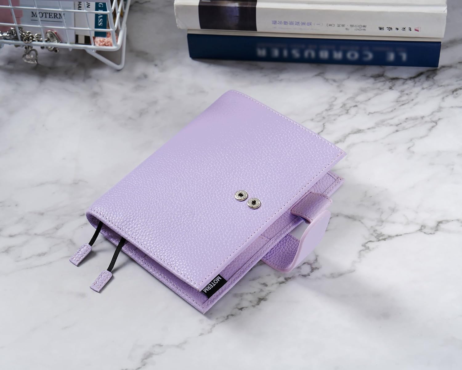Moterm Leather Cover for A6 Notebooks - Fits Hobonichi Original, Stalogy and Midori MD Planners, with Pen Loop, Card Slots and Back Pocket (Pebbled-Lavender, A6+)