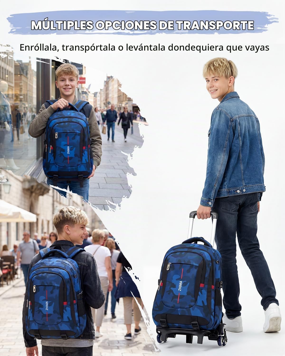 Mochila con Ruedas para Adolescentes Chicos, Mochilas Escolares con Carrito Desmontable, Mochilas de Camuflaje de Moda para Instituto Mochila Casual para Viajes, Azul