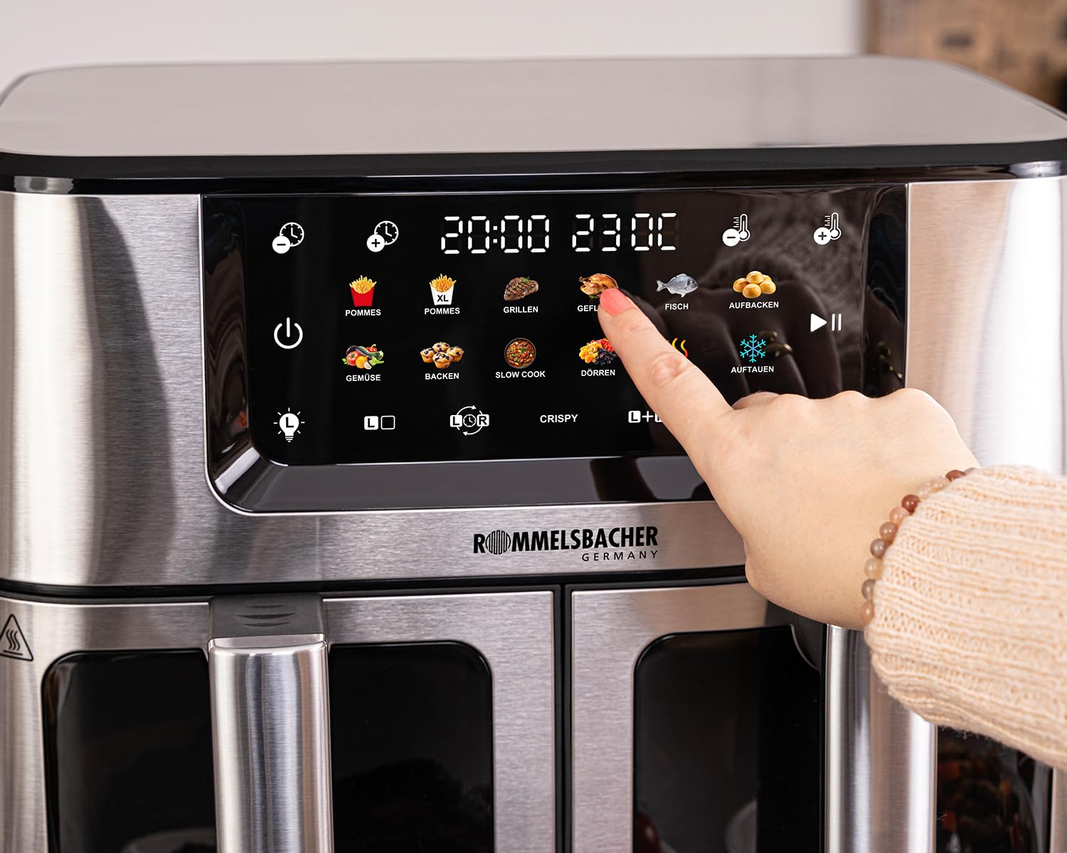 ROMMELSBACHER FRH 2650 Freidora de aire caliente doble, 2 cestas de 5,5 litros, 40 a 230 °C, 12 programas, ventana de visualización, iluminación interior, sin PFAS, función de emparejamiento y