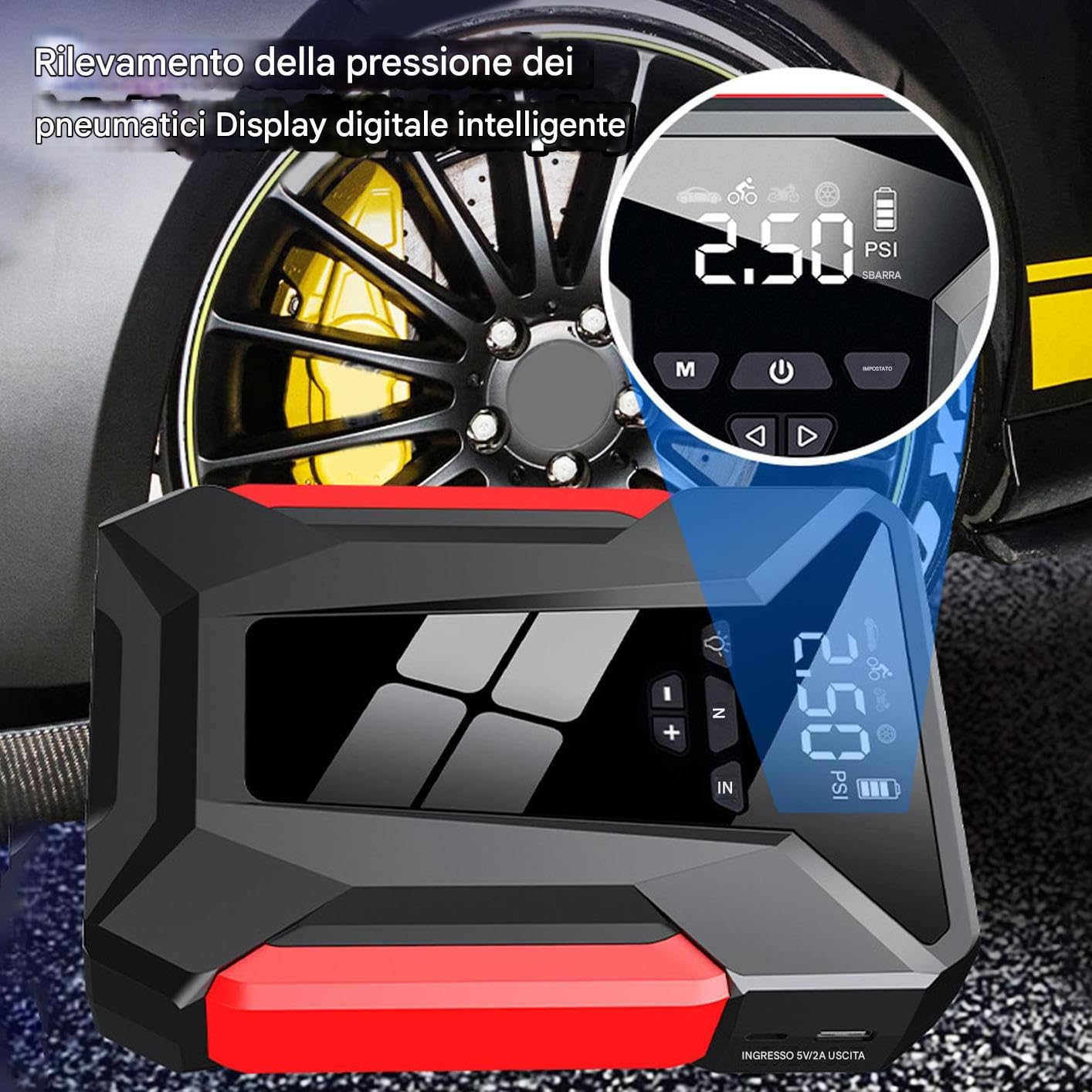 Avviatore Di Emergenza Carica Batterie Auto Compatto | Alimentatore Auto a Lunga Durata con Accessorio Gonfia Pneumatici per Viaggi e Emergenze