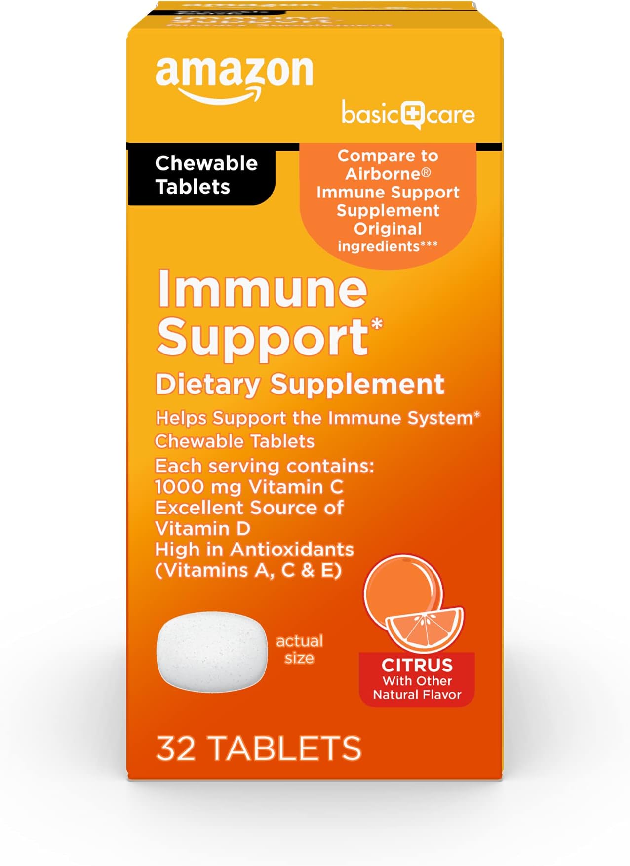 Immune Support Citrus Chewable Tablets with Antioxidants, Vitamin D and Immune System Support, 32 Count