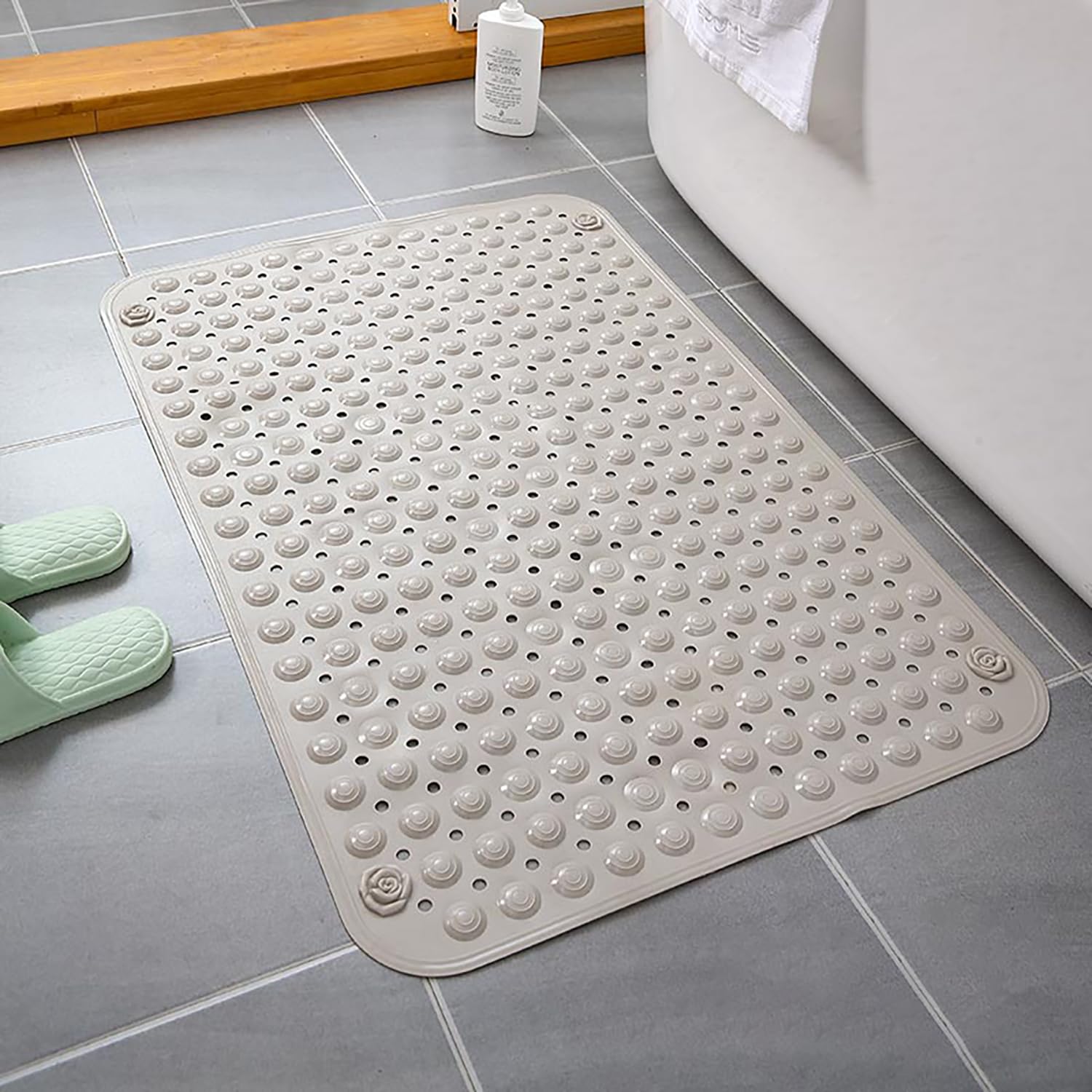 Antislip douchemat, 90 x 60 cm, antislip douchemat met zuignappen en drainagegaten, voor badkuip, badkamer, beige