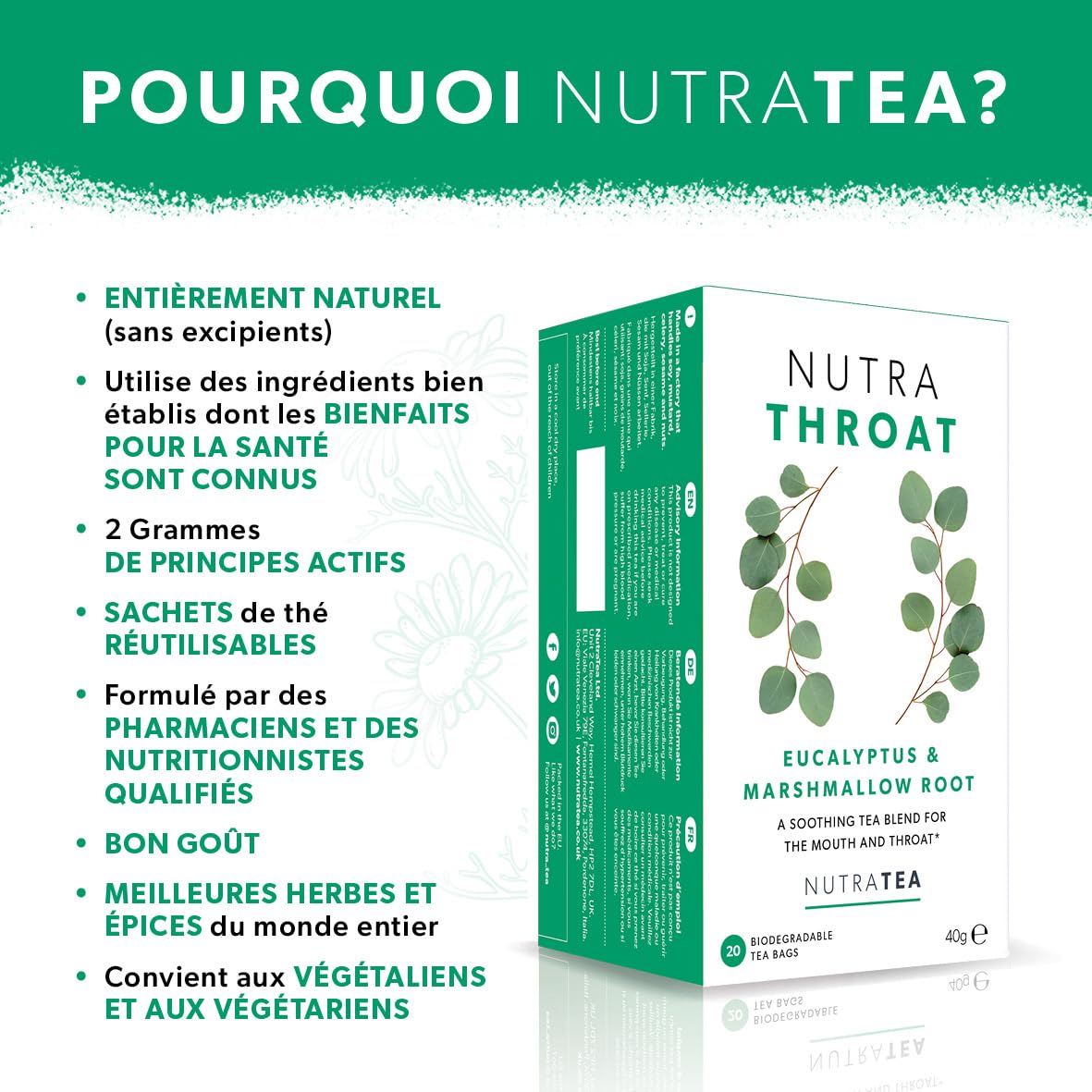 NUTRATHROAT - Thé pour la gorge | Tisane Confort de la Gorge - Pour le mal de gorge - Comprend la racine de guimauve et de l’orme glissant - 120 sachets de thé - Nutra Tea - Tisane - (6 paquets)