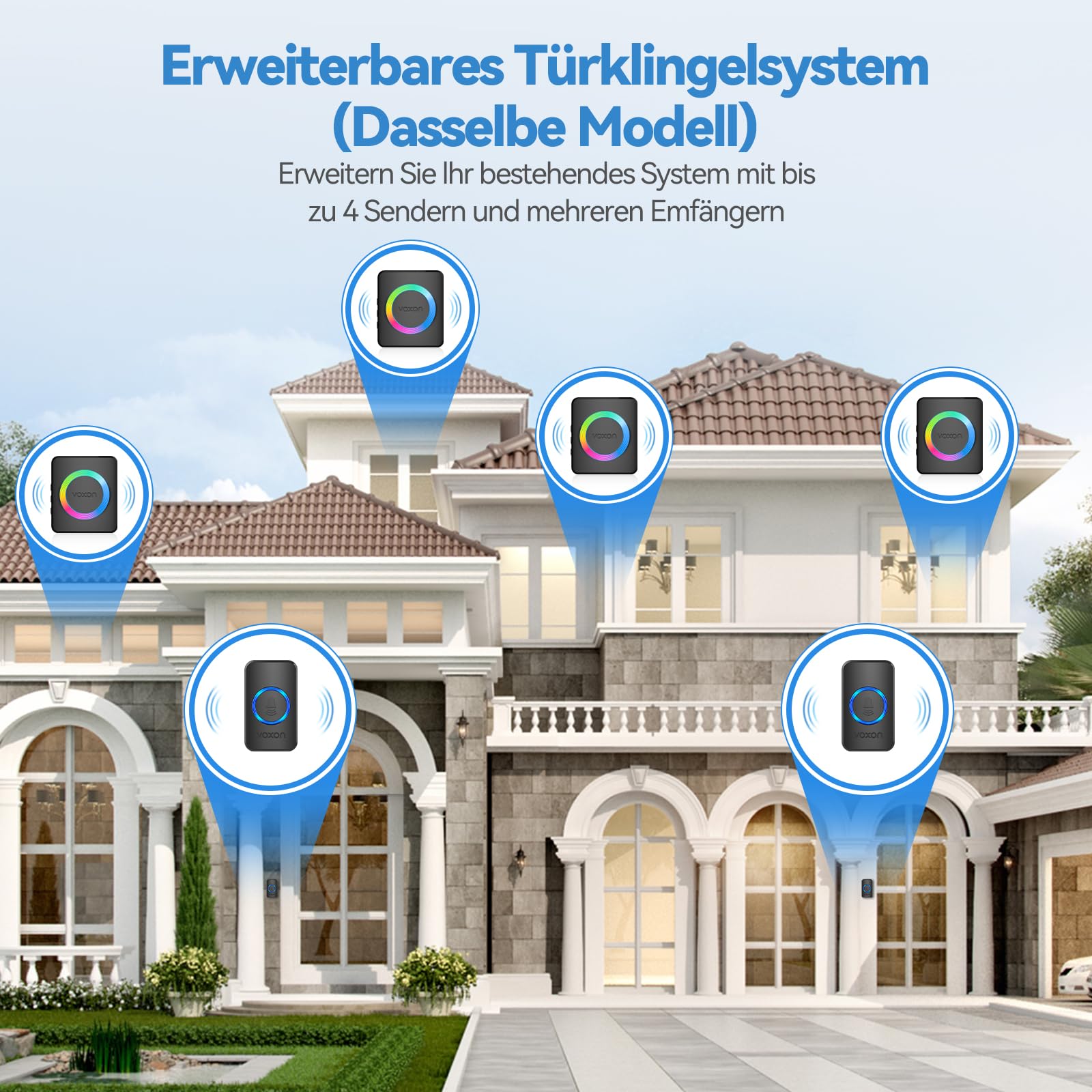 VOXON Funkklingel, 400m Reichweite Kabellose Türklingel Funk Set mit 2 Plug-In-Empfängern und 1 Sender, IP65 Wasserdicht Klingel Haustür für Außenbereich, 60 Melodien Doorbell, RGB-Licht(Schwarz)