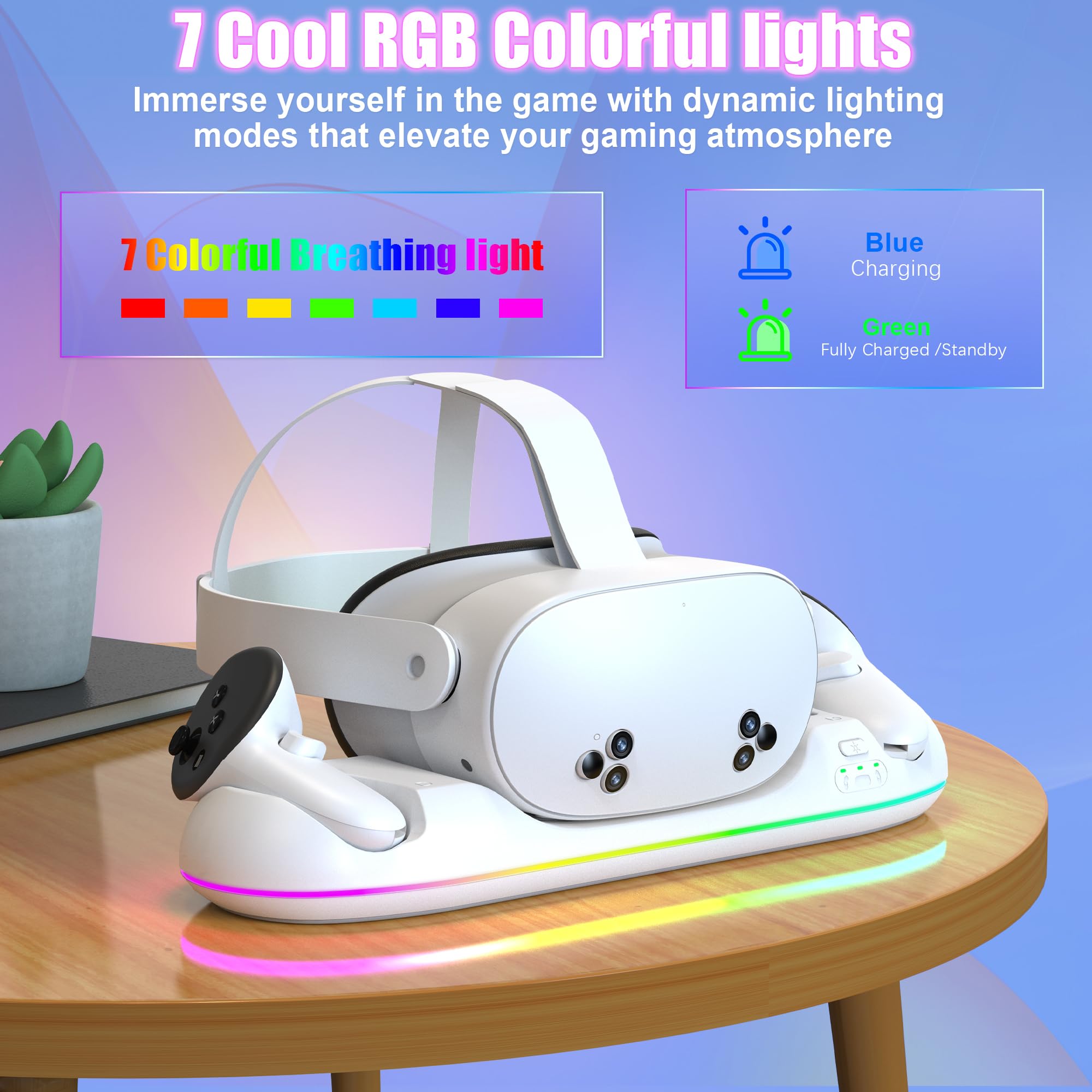 VZNEK - Estación de Carga magnética para Meta Quest 3S/3/2-20W, PD estación de Carga rápida con luz LED RGB, baterías Recargables, Cable USB-C y Adaptador para Auriculares/Controlador VR (Q22)
