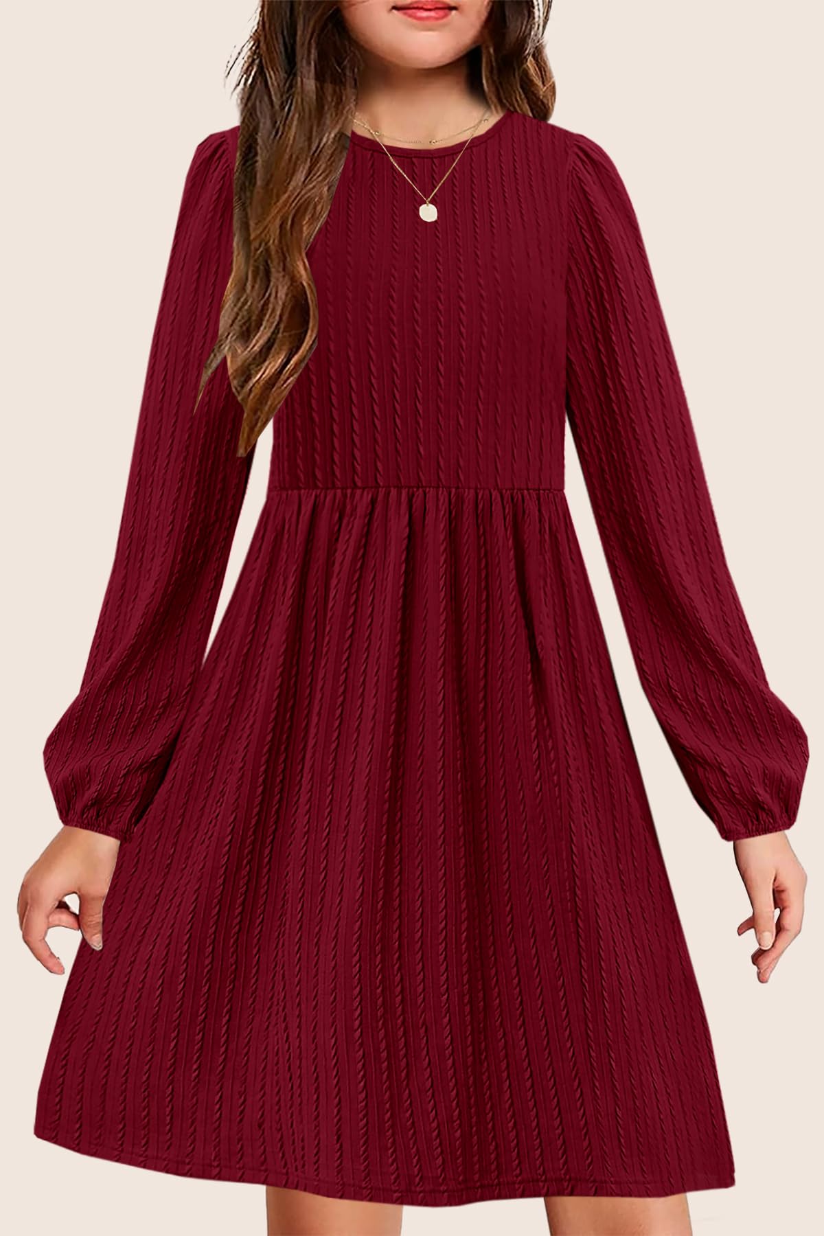 YOVION Mädchen-Strickkleid, Rundhalsausschnitt, lange Ärmel, einfarbig, A-Linie, Herbstkleid, Freizeitkleider mit Taschen, für 6–12 Jahre