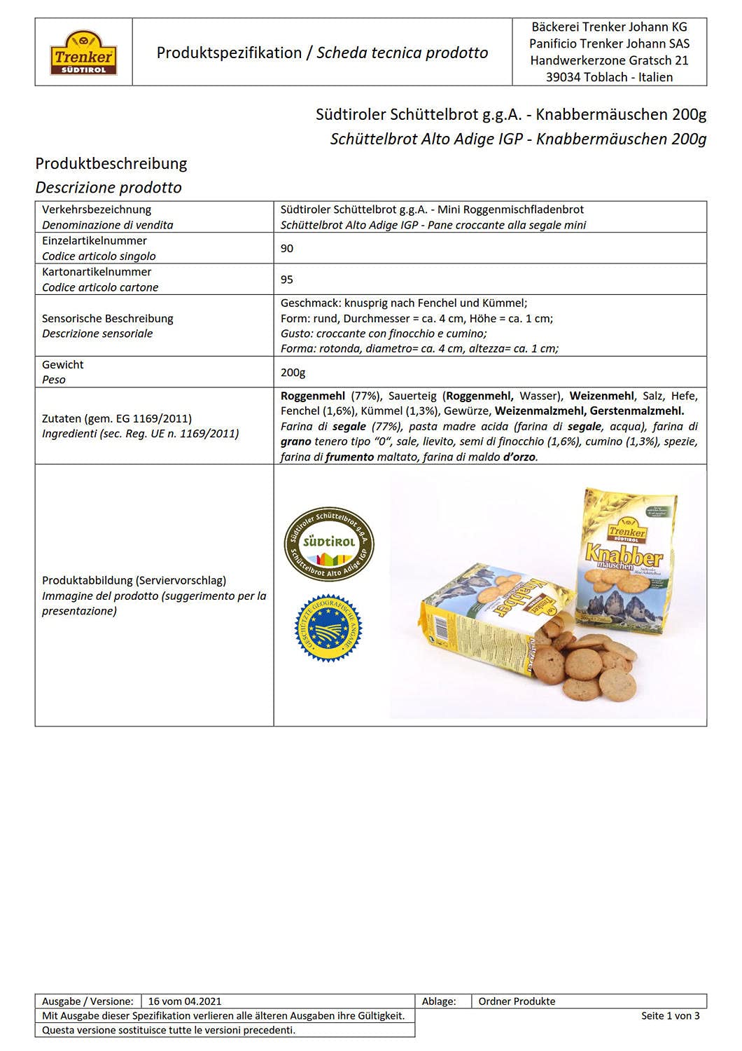 Knabbermäuschen Trenker 10 x 200 gr. - Karton Schüttelbrot