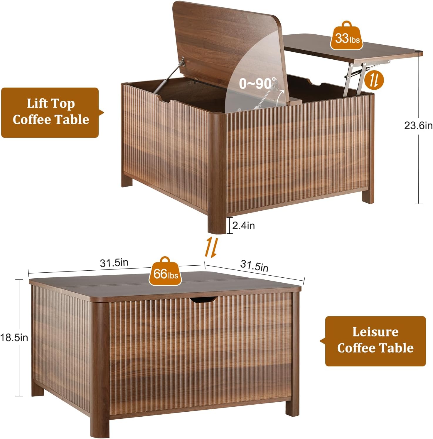 LYNCOHOME 31.5" Fluted Lift Top Coffee Table