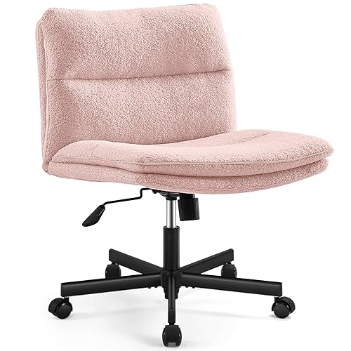 EMIAH Pink Criss Cross Armless Office Desk Chair with Wheels, Faux Fur, Comfy Mid-Back, Swivel, for Home Office - Pink With Wheels